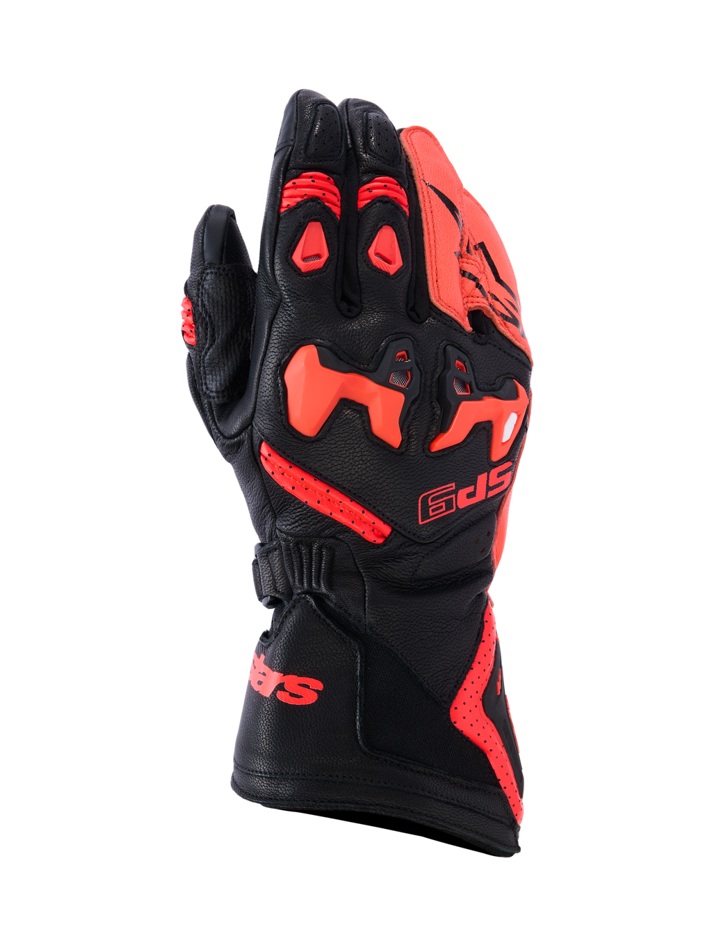 Guantes Alpinestars SP-9, guantes de moto deportivos y de competición, negro y rojo fluo, construcción en cuero de cabra con protección de nudillos SP-R de TPU, dorso perforado y puño largo con marca roja, equipo de alto rendimiento.