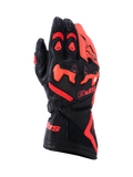 Guantes Alpinestars SP-9, guantes de moto deportivos y de competición, negro y rojo fluo, construcción en cuero de cabra con protección de nudillos SP-R de TPU, dorso perforado y puño largo con marca roja, equipo de alto rendimiento.