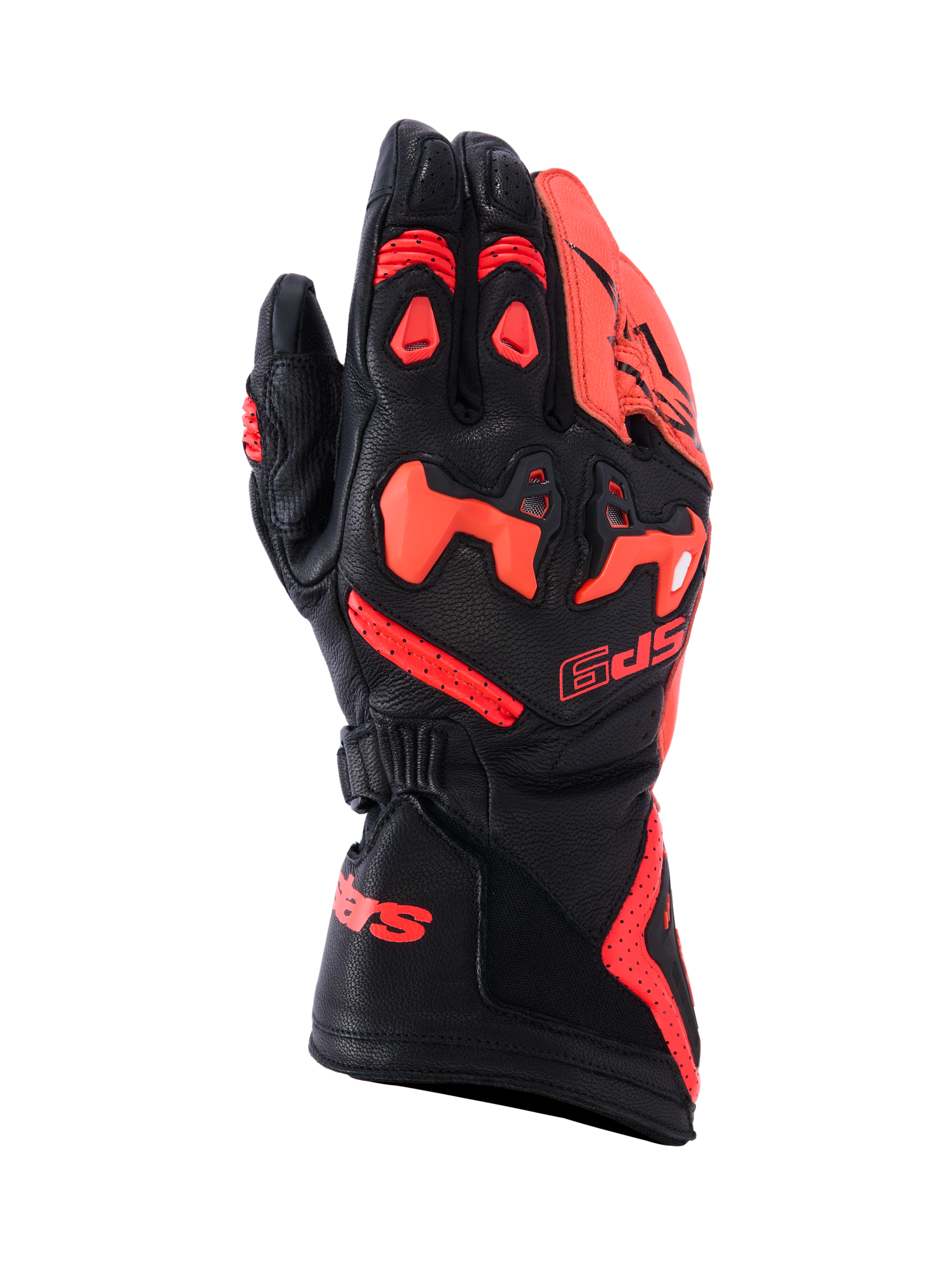 Guantes Alpinestars SP-9, guantes de moto deportivos y de competición, negro y rojo fluo, construcción en cuero de cabra con protección de nudillos SP-R de TPU, dorso perforado y puño largo con marca roja, equipo de alto rendimiento.