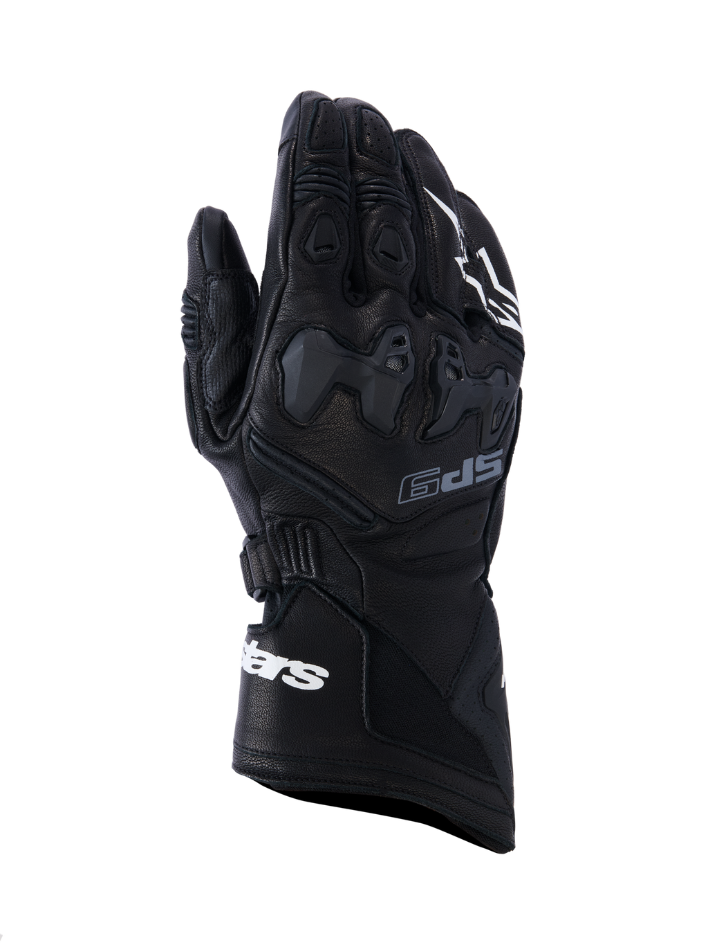 Guantes Alpinestars SP-9, guantes negros de carreras para moto, cuero de grano completo con protección de nudillos SP-R TPU, puño largo con marca Alpinestars en blanco, detalles perforados y diseño deportivo ergonómico