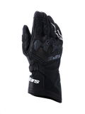 Guantes Alpinestars SP-9, guantes negros de carreras para moto, cuero de grano completo con protección de nudillos SP-R TPU, puño largo con marca Alpinestars en blanco, detalles perforados y diseño deportivo ergonómico