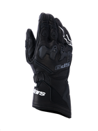 Guantes Alpinestars SP-9, guantes negros de carreras para moto, cuero de grano completo con protección de nudillos SP-R TPU, puño largo con marca Alpinestars en blanco, detalles perforados y diseño deportivo ergonómico