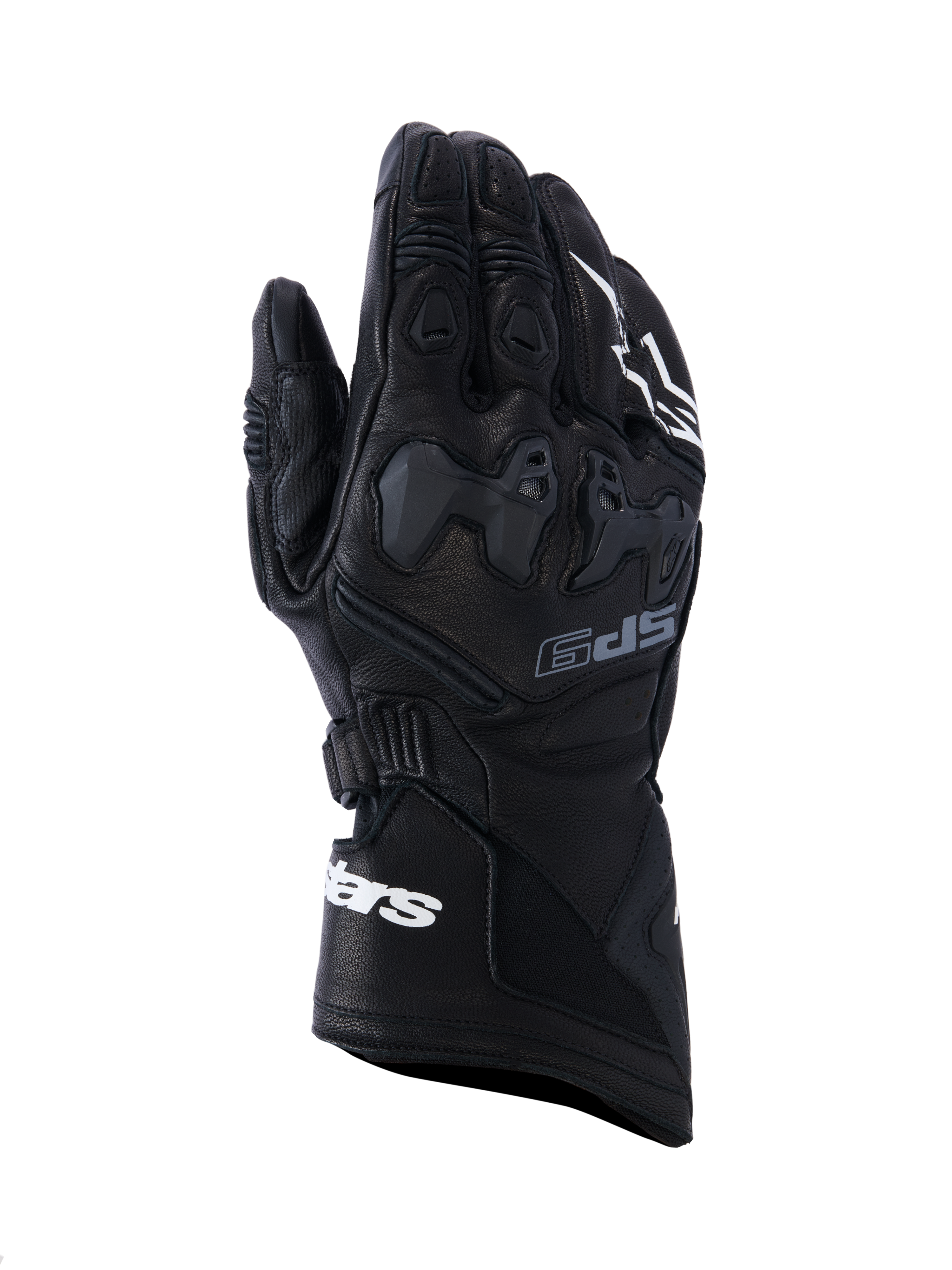 Guantes Alpinestars SP-9, guantes negros de carreras para moto, cuero de grano completo con protección de nudillos SP-R TPU, puño largo con marca Alpinestars en blanco, detalles perforados y diseño deportivo ergonómico