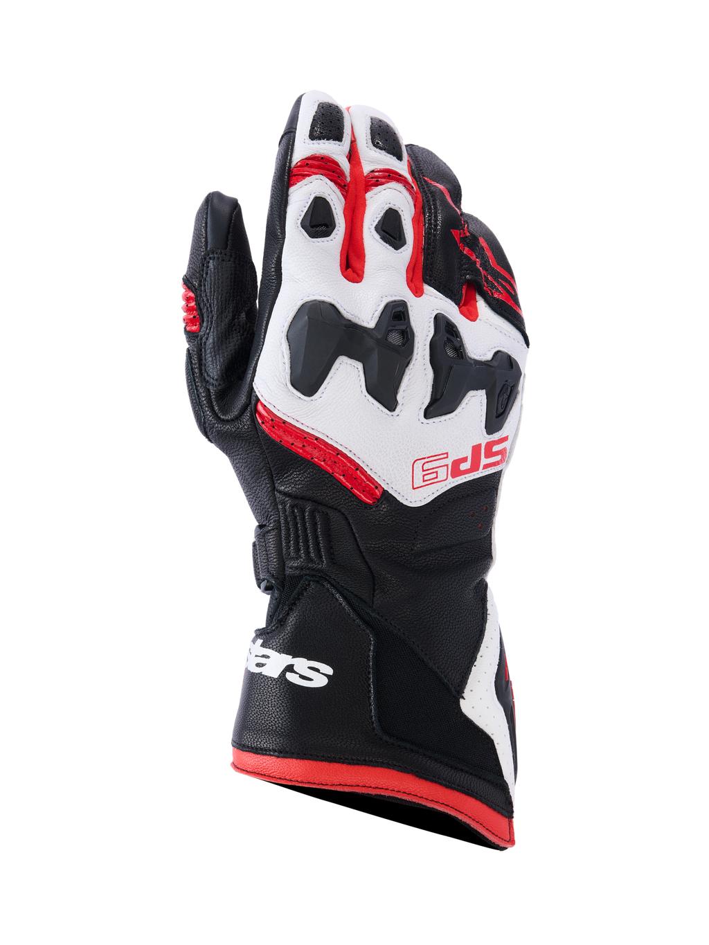Guantes Alpinestars SP-9, guantes de carreras para moto, negro, blanco y rojo brillante, con protección de nudillos dividida SP-R, piel de cabra perforada, marca SP-9 roja en el dorso y logotipo blanco en el puño largo de doble cierre