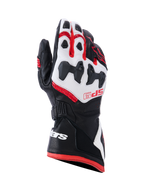 Guantes Alpinestars SP-9, guantes de carreras para moto, negro, blanco y rojo brillante, con protección de nudillos dividida SP-R, piel de cabra perforada, marca SP-9 roja en el dorso y logotipo blanco en el puño largo de doble cierre