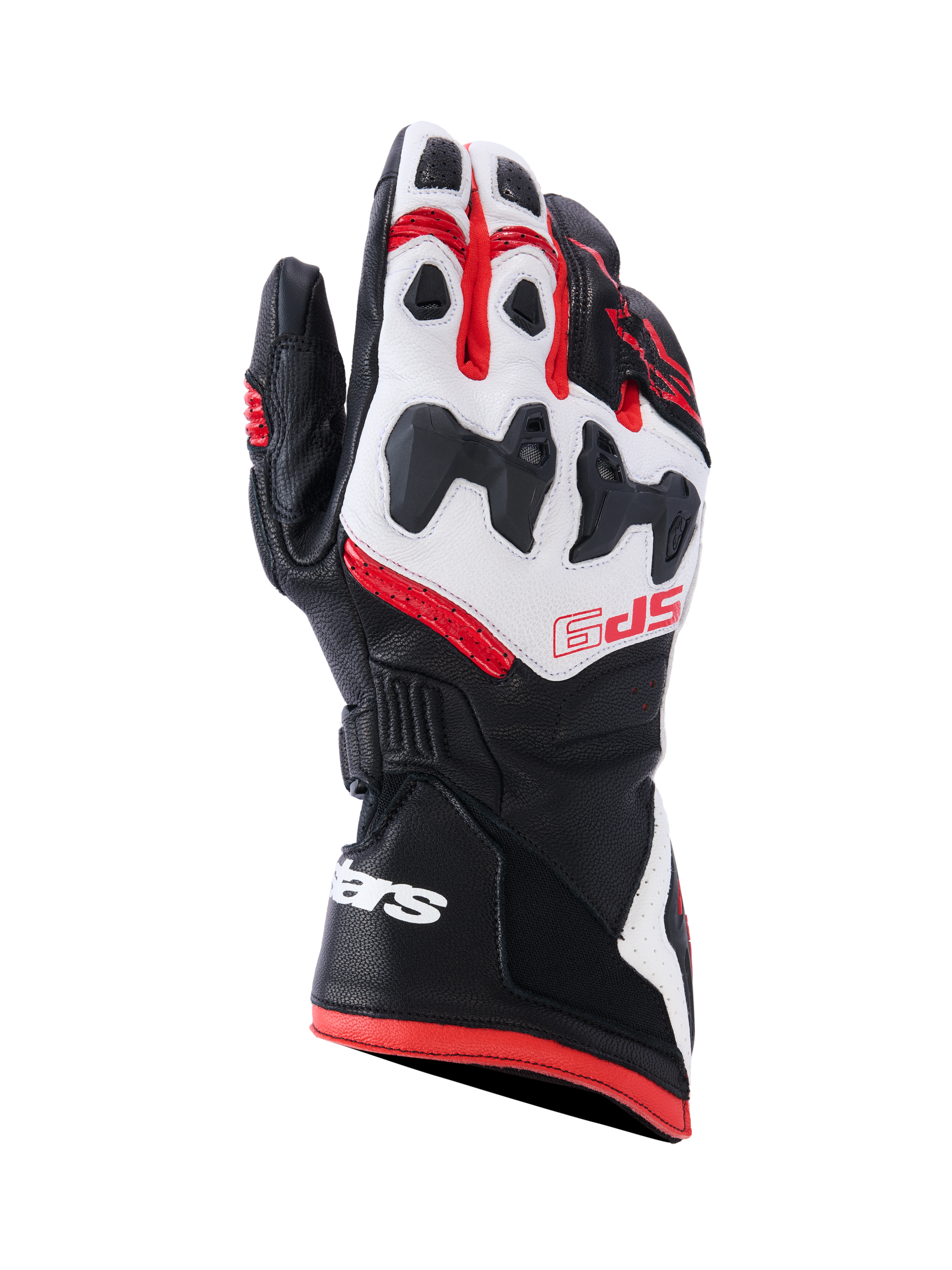 Guantes Alpinestars SP-9, guantes de carreras para moto, negro, blanco y rojo brillante, con protección de nudillos dividida SP-R, piel de cabra perforada, marca SP-9 roja en el dorso y logotipo blanco en el puño largo de doble cierre