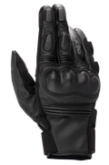 Alpinestars Phenom Leather Gloves, guantes de cuero para moto, color negro, vista superior que muestra la protección rígida perforada en los nudillos, dedos reforzados, inserciones elásticas de acordeón y construcción en piel de cabra de primera calidad.