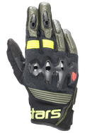 Guantes de cuero Alpinestars Halo, guantes de moto, negro forestal y amarillo flúor, verde oliva y negro con detalles en amarillo neón, protección de nudillos sobreinyectada, construcción en cuero perforado, estilo adventure touring