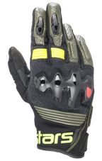 Guantes de cuero Alpinestars Halo, guantes de moto, negro forestal y amarillo flúor, verde oliva y negro con detalles en amarillo neón, protección de nudillos sobreinyectada, construcción en cuero perforado, estilo adventure touring