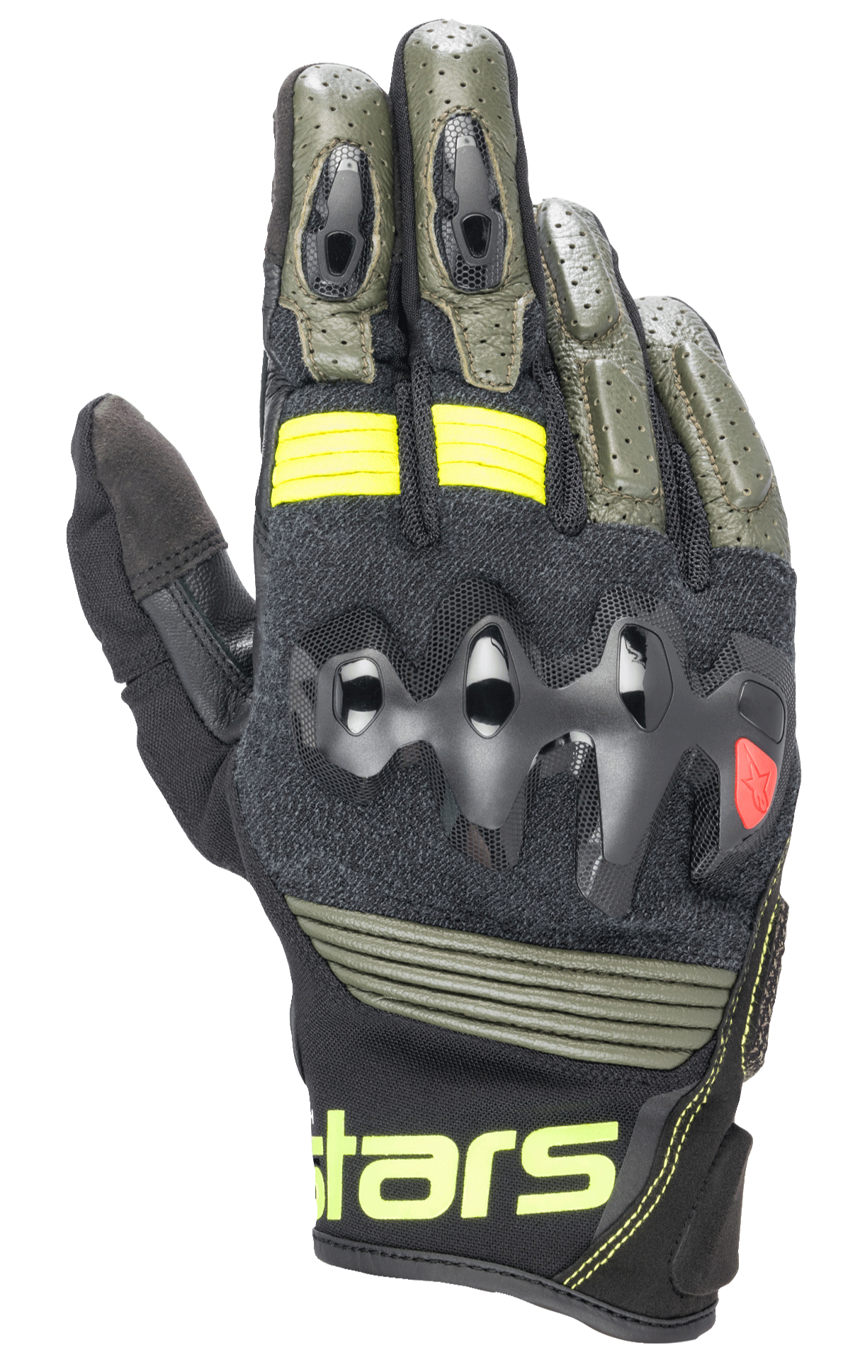 Guantes de cuero Alpinestars Halo, guantes de moto, negro forestal y amarillo flúor, verde oliva y negro con detalles en amarillo neón, protección de nudillos sobreinyectada, construcción en cuero perforado, estilo adventure touring