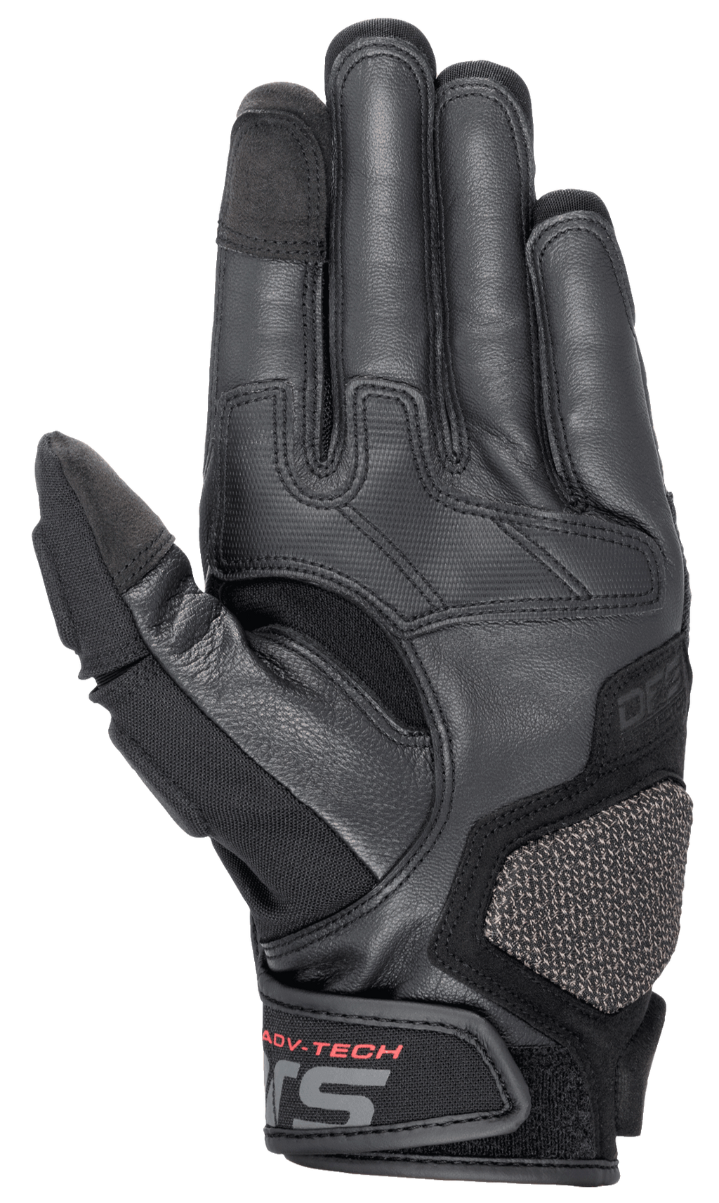 Guantes de Cuero Halo de Alpinestars, guantes de moto para Adventure Touring, azul oscuro y negro, vista de la palma con cuero de cabra premium, zonas de agarre de goma, almohadilla de protección ARshield y letras ADV-TECH en rojo en el cierre de la muñeca.