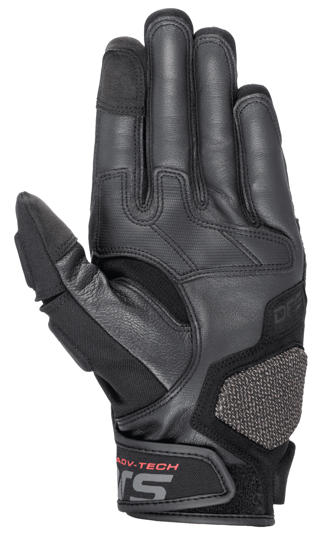 Guantes de Cuero Halo de Alpinestars, guantes de moto para Adventure Touring, azul oscuro y negro, vista de la palma con cuero de cabra premium, zonas de agarre de goma, almohadilla de protección ARshield y letras ADV-TECH en rojo en el cierre de la muñeca.