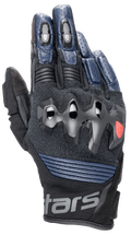 Guantes de cuero Alpinestars Halo, guantes de moto, azul oscuro y negro, con protección de nudillos sobreinyectada, dedos de cuero perforado, paneles de malla para ventilación y diseño de puño corto con la marca Alpinestars