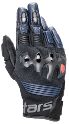 Guantes de cuero Alpinestars Halo, guantes de moto, azul oscuro y negro, con protección de nudillos sobreinyectada, dedos de cuero perforado, paneles de malla para ventilación y diseño de puño corto con la marca Alpinestars