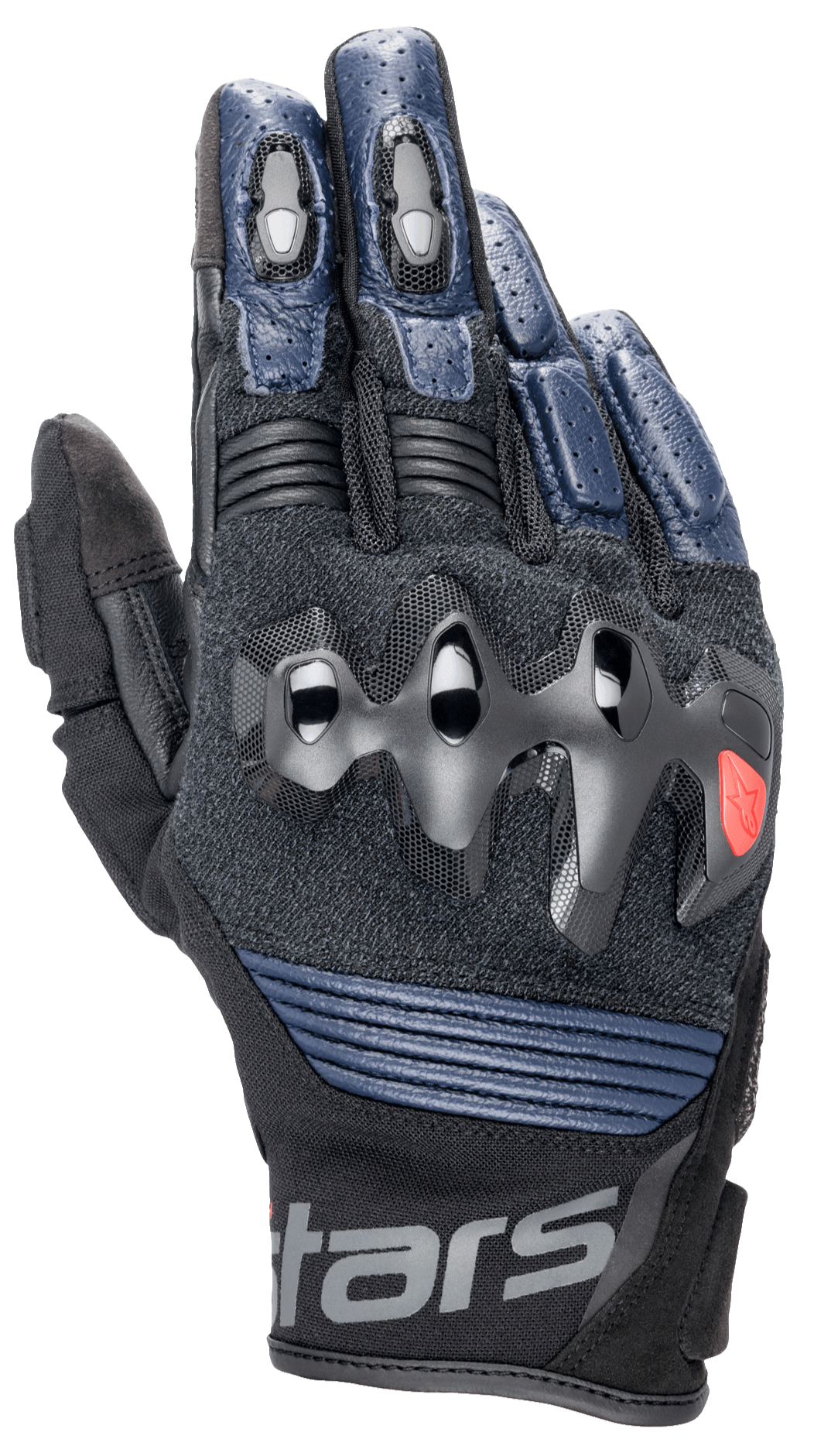 Guantes de cuero Alpinestars Halo, guantes de moto, azul oscuro y negro, con protección de nudillos sobreinyectada, dedos de cuero perforado, paneles de malla para ventilación y diseño de puño corto con la marca Alpinestars