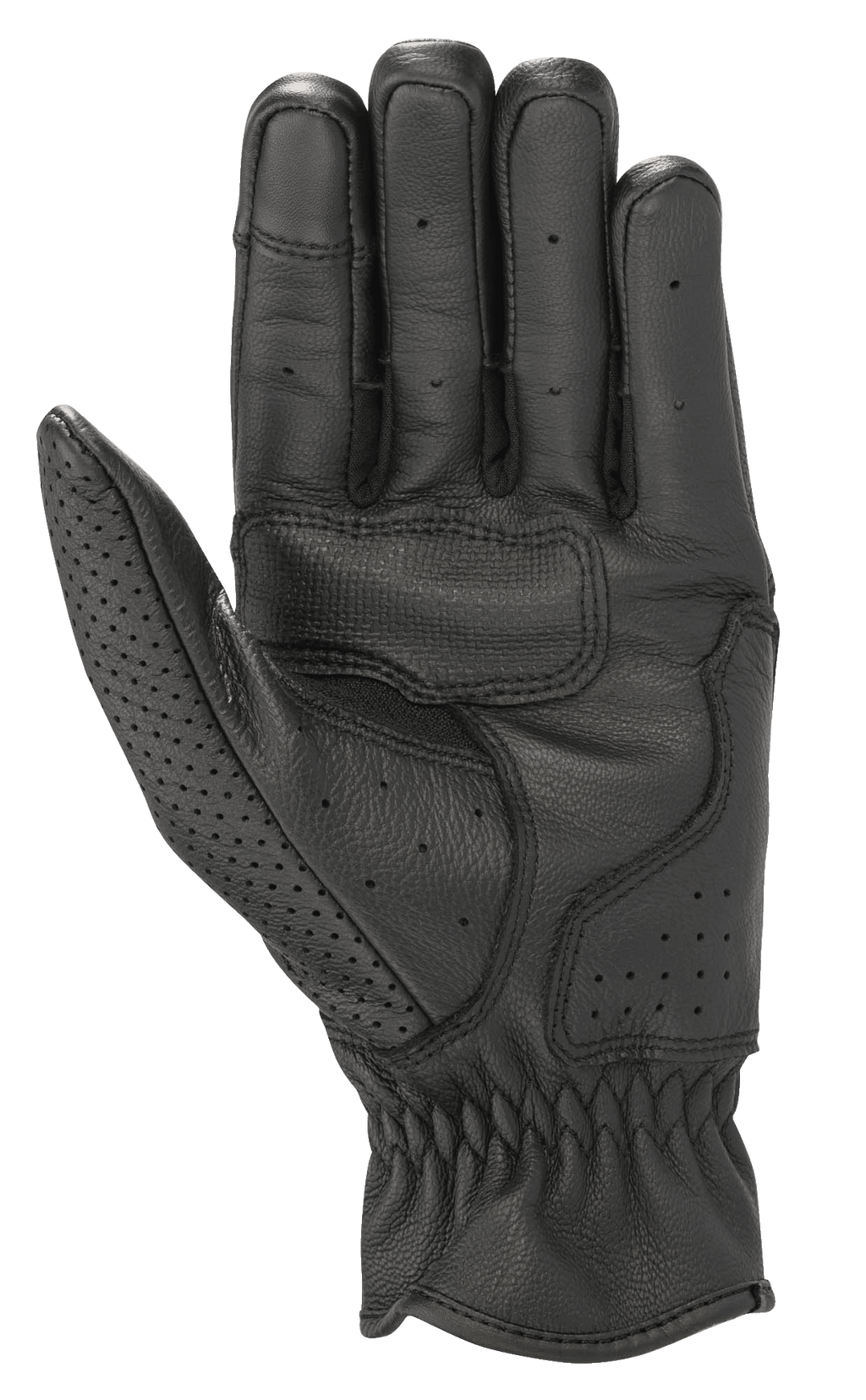 Guantes de cuero Alpinestars Rayburn V2, color negro, vista de la palma, construcción en cuero premium con refuerzo en la palma para mayor agarre, perforaciones localizadas en los dedos y el pulgar, guantes de moto urbanos de estilo clásico