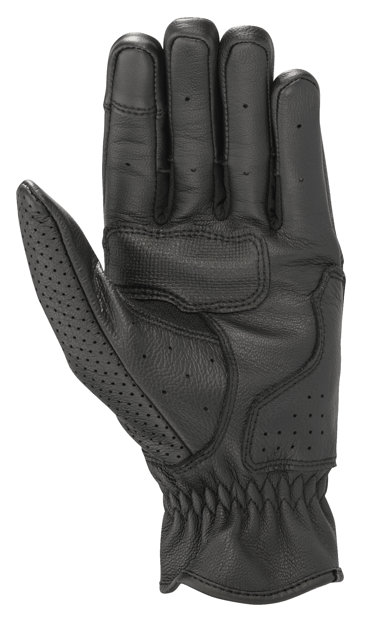 Guantes de cuero Alpinestars Rayburn V2, color negro, vista de la palma, construcción en cuero premium con refuerzo en la palma para mayor agarre, perforaciones localizadas en los dedos y el pulgar, guantes de moto urbanos de estilo clásico