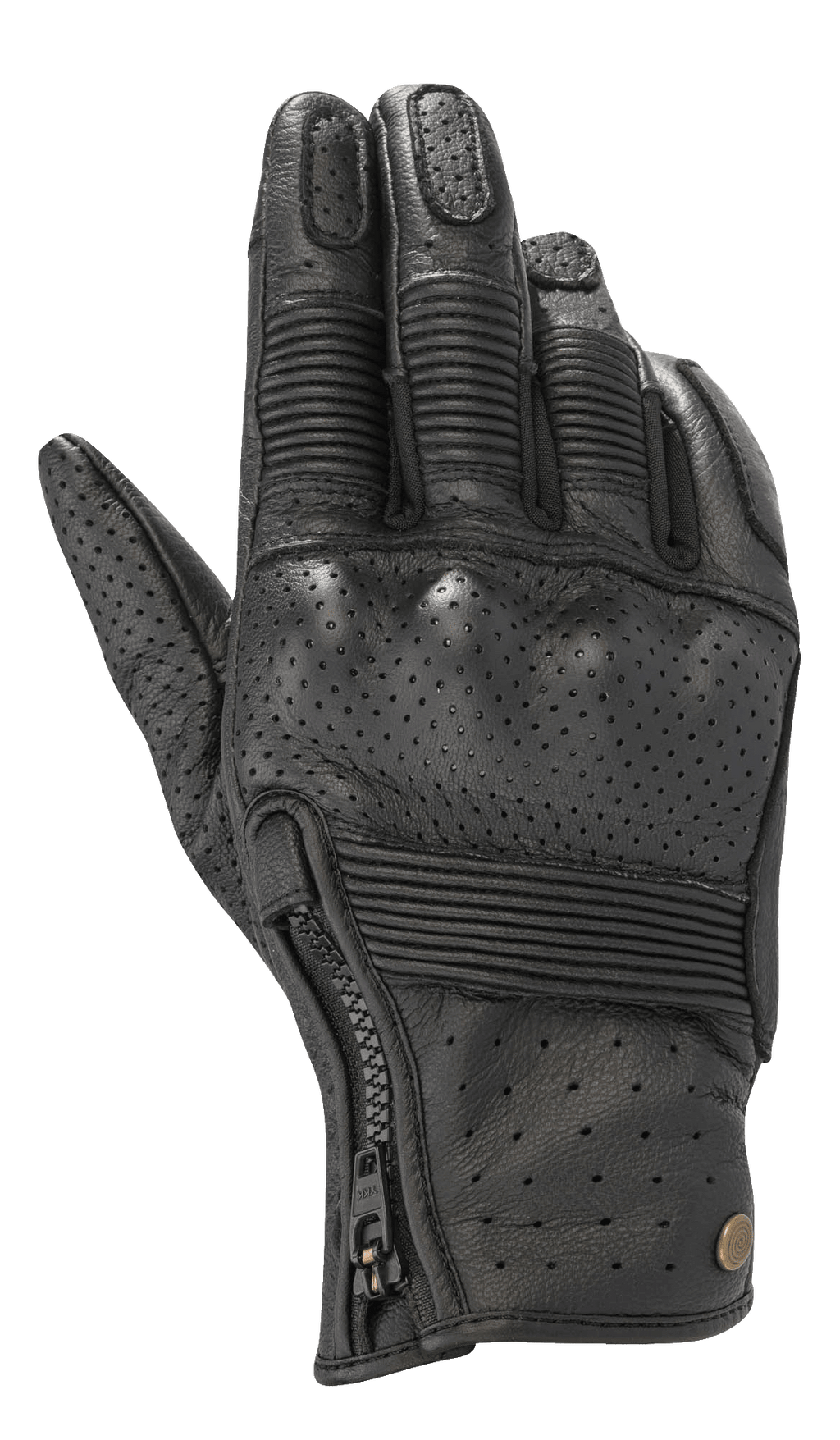 Alpinestars Rayburn V2 Leather Gloves, negros, guantes de moto urbanos con construcción de cuero perforado, inserciones de acordeón acanaladas en los dedos y el dorso, cierre de cremallera lateral y estilo inspirado en la herencia.