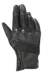 Alpinestars Rayburn V2 Leather Gloves, negros, guantes de moto urbanos con construcción de cuero perforado, inserciones de acordeón acanaladas en los dedos y el dorso, cierre de cremallera lateral y estilo inspirado en la herencia.