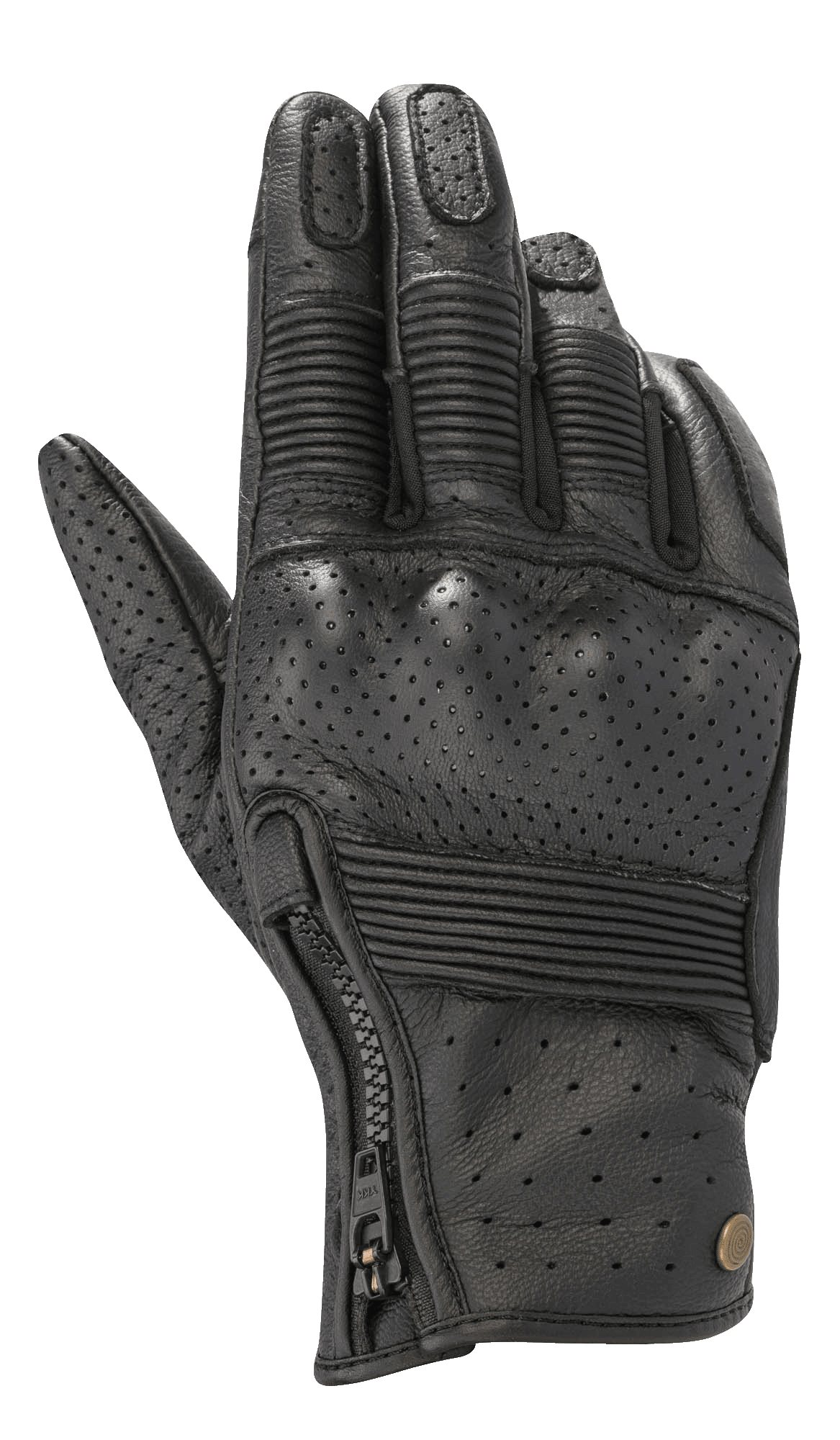 Alpinestars Rayburn V2 Leather Gloves, negros, guantes de moto urbanos con construcción de cuero perforado, inserciones de acordeón acanaladas en los dedos y el dorso, cierre de cremallera lateral y estilo inspirado en la herencia.