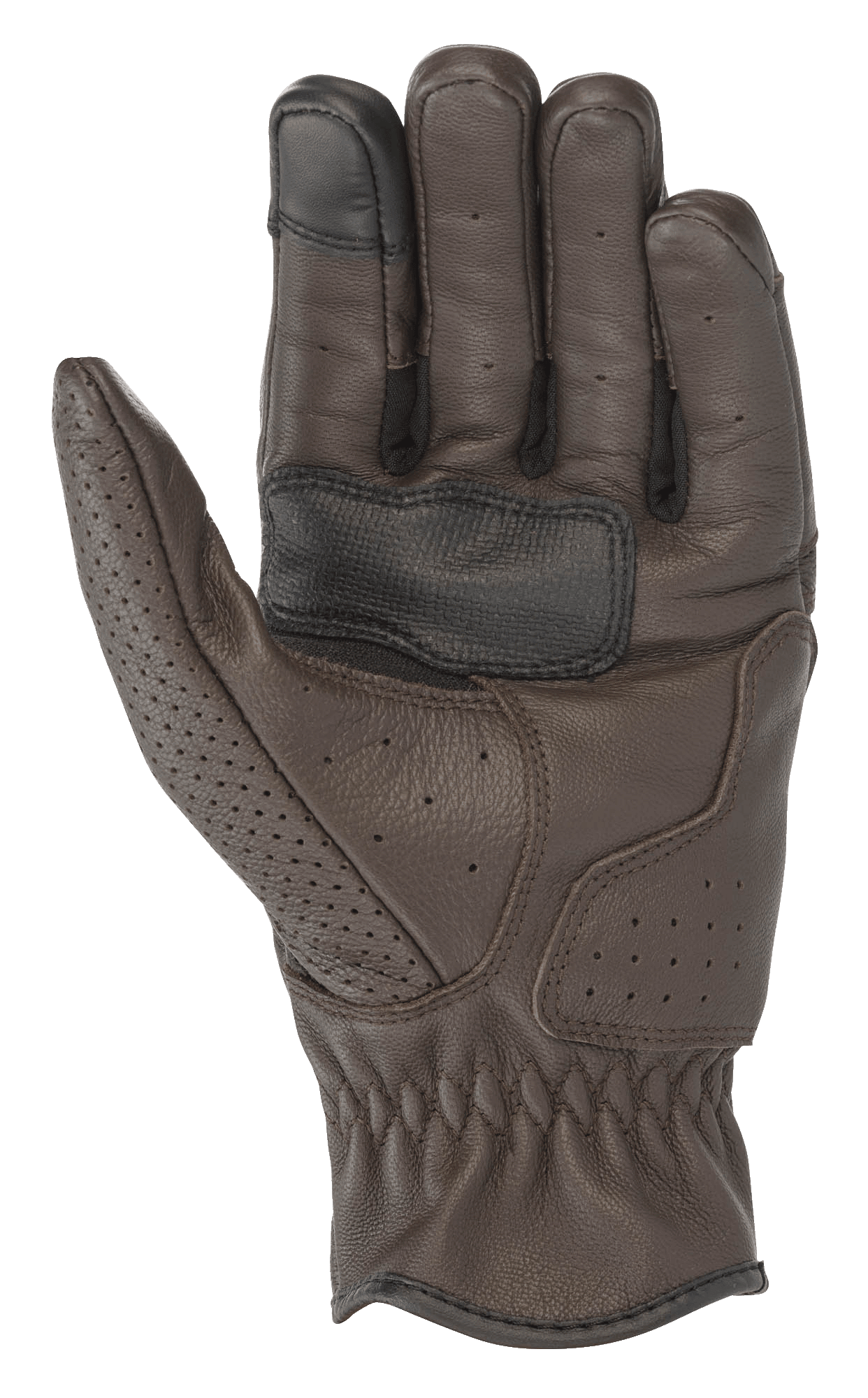 Guantes de cuero Alpinestars Rayburn V2, color marrón tabaco, vista de la palma, construcción de cuero premium con perforaciones localizadas, palma reforzada para agarre y punta del dedo compatible con pantallas táctiles, equipamiento urbano para motocicleta de estilo clásico
