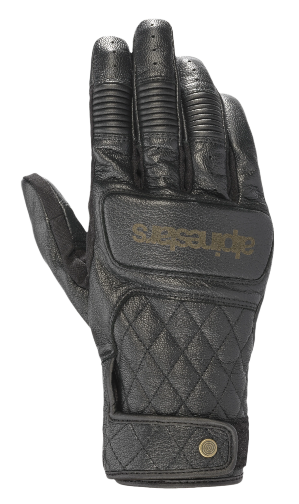 Alpinestars Brass Lt Gloves, guantes de moto de cuero negro con patrón de diamantes acolchados en el dorso, protección de nudillos acanalada, dedos perforados, logotipo dorado y cierre de botón a presión en la muñeca