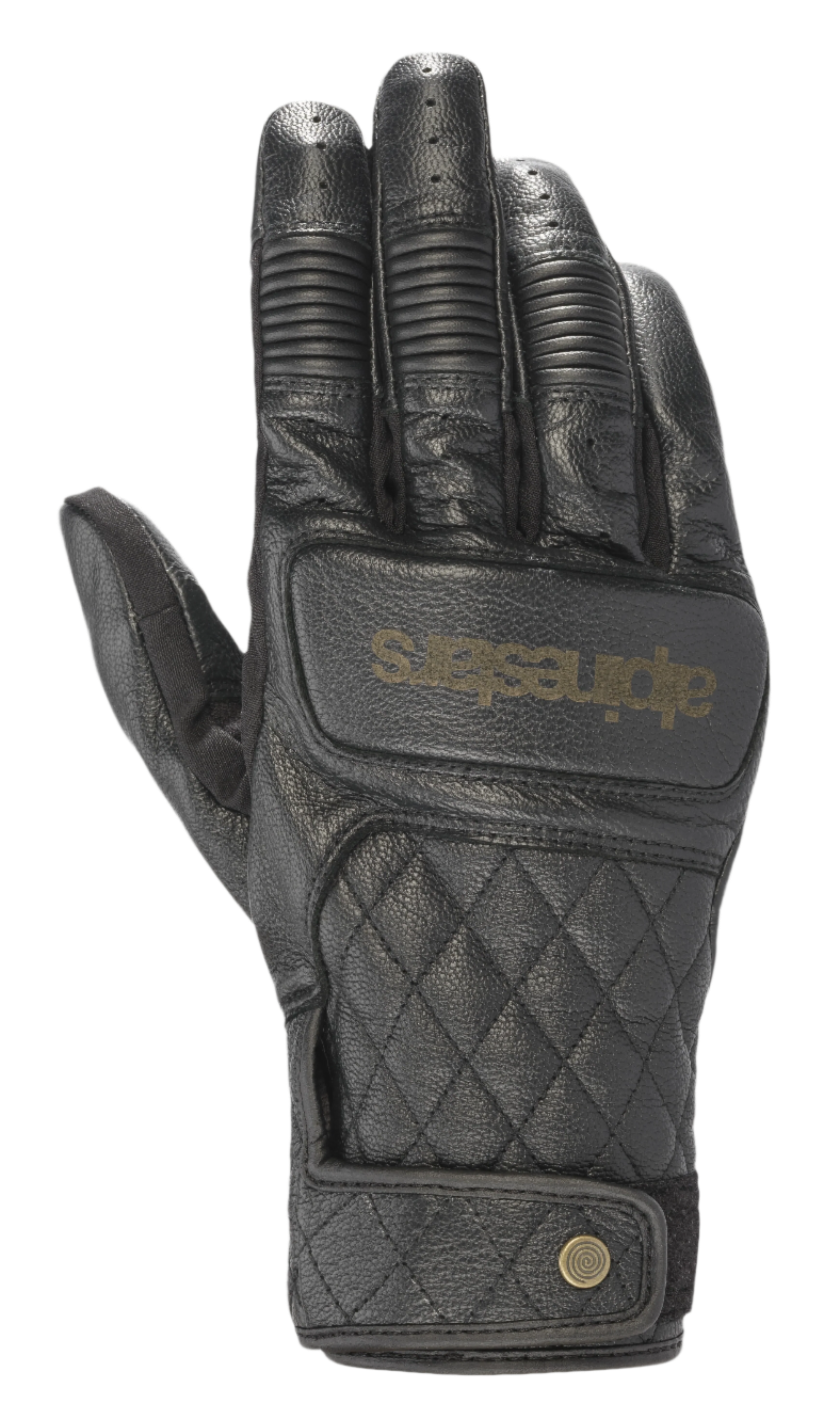 Alpinestars Brass Lt Gloves, guantes de moto de cuero negro con patrón de diamantes acolchados en el dorso, protección de nudillos acanalada, dedos perforados, logotipo dorado y cierre de botón a presión en la muñeca