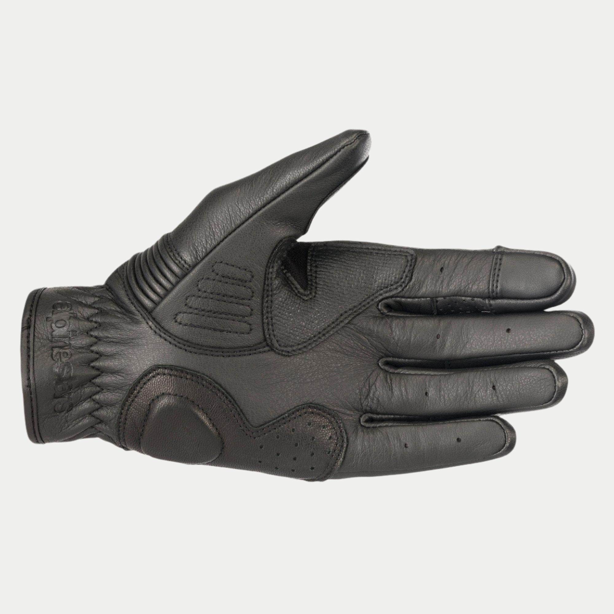 Guantes Alpinestars Crazy Eight, guantes de moto, negros, vista de la palma que muestra la construcción de cuero reforzado, paneles de agarre texturizados en la palma y el pulgar, y marca grabada en el puño de la muñeca