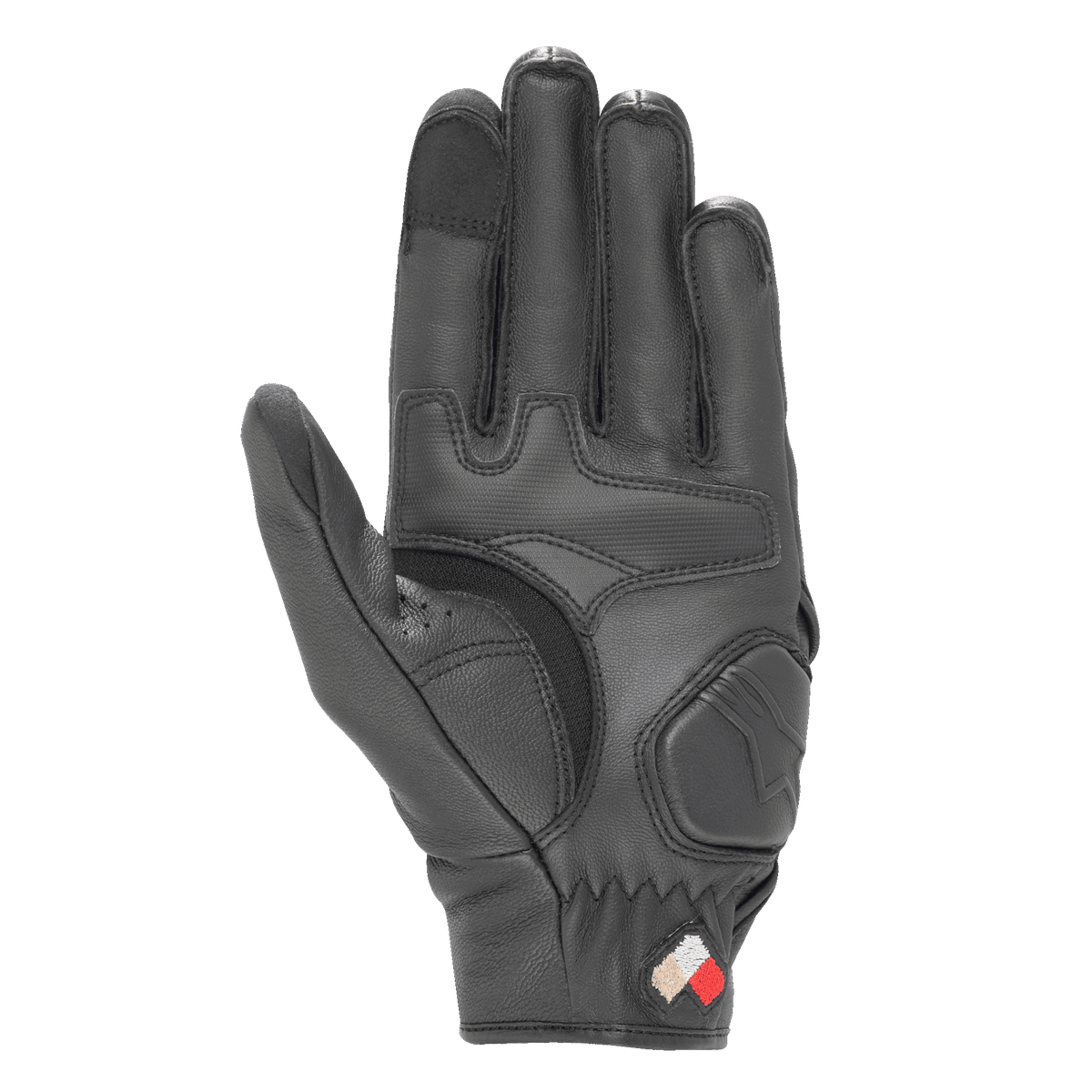 Guantes de cuero Alpinestars Dyno, negros, vista de la palma con refuerzos acolchados y construcción en cuero de cabra, puntas de los dedos compatibles con pantallas táctiles, guante de puño corto para conducción en carretera y uso urbano