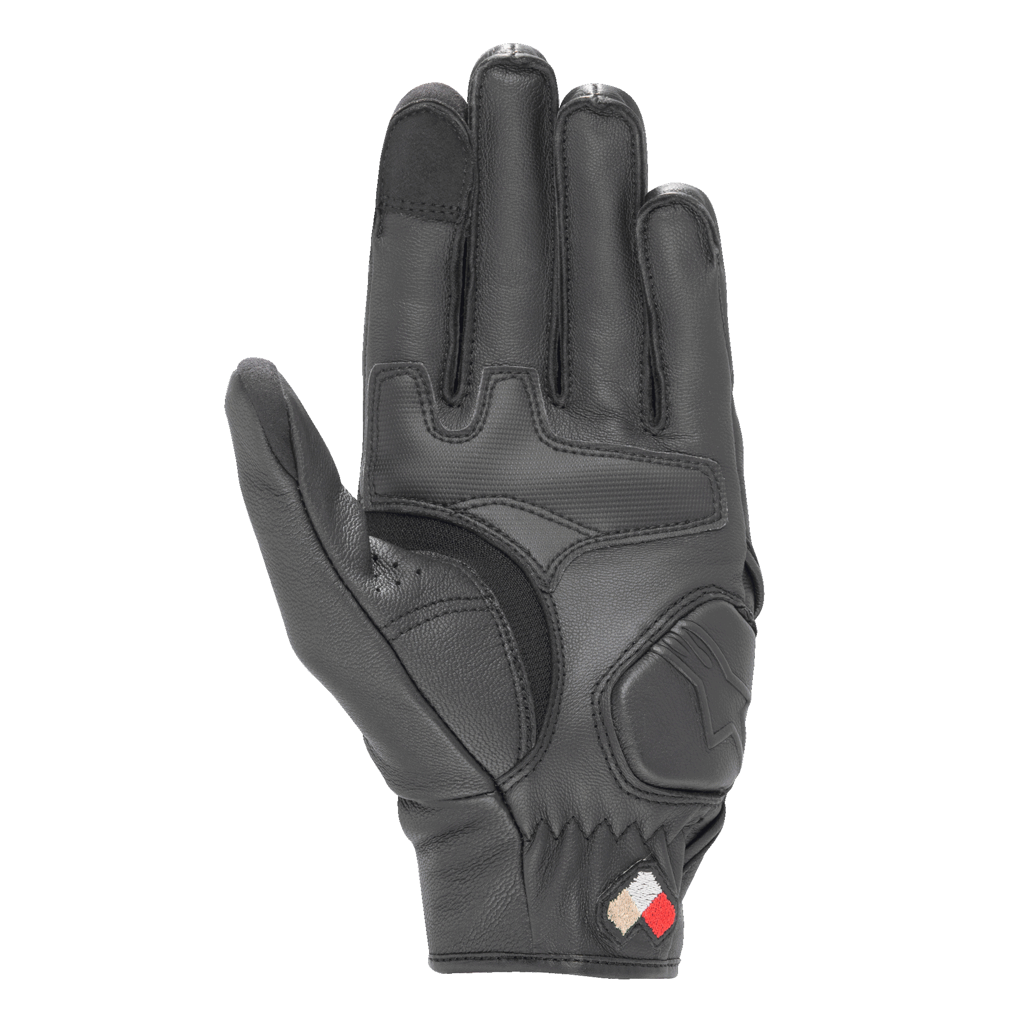 Guantes de cuero Alpinestars Dyno, negros, vista de la palma con refuerzos acolchados y construcción en cuero de cabra, puntas de los dedos compatibles con pantallas táctiles, guante de puño corto para conducción en carretera y uso urbano