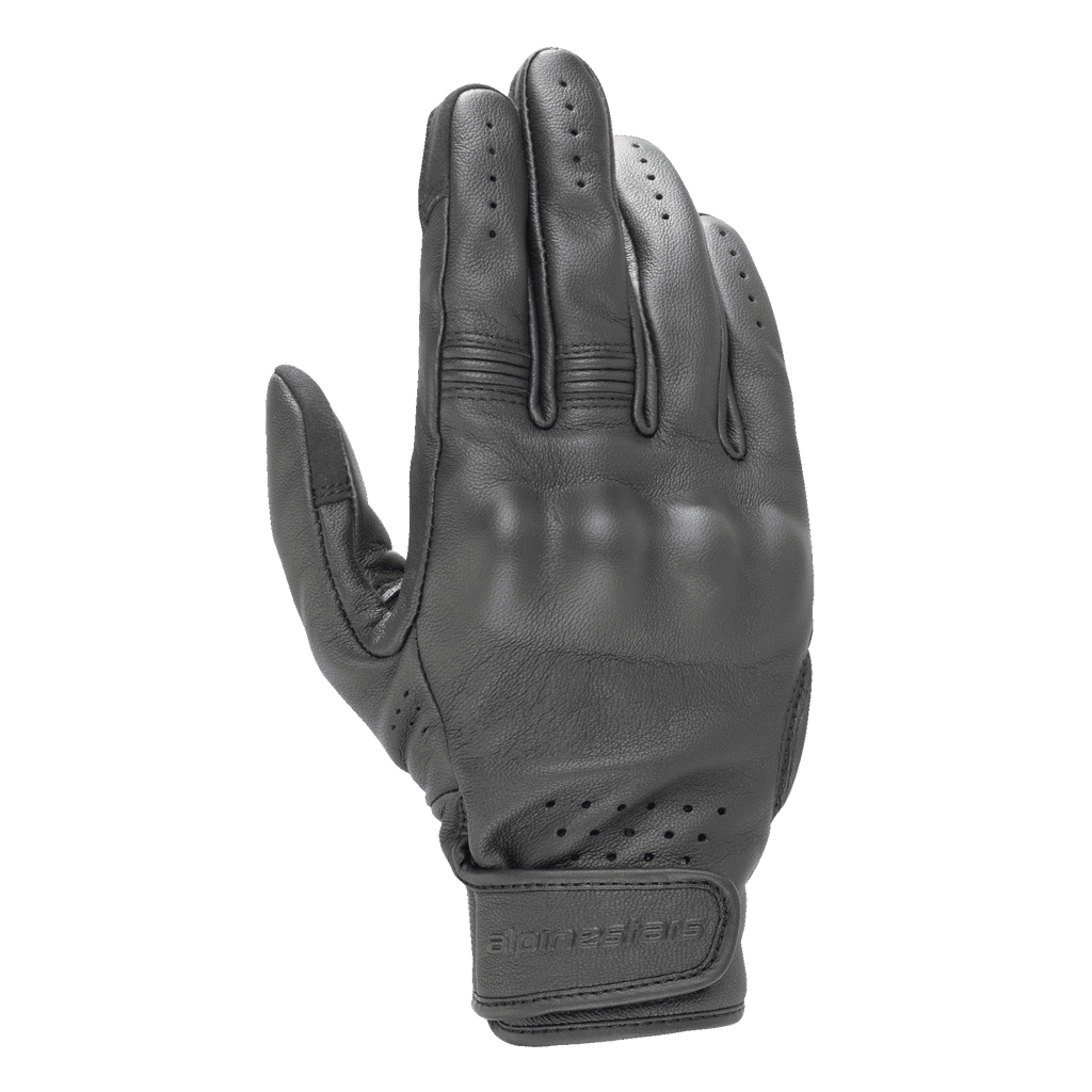 Alpinestars Dyno Leather Gloves, guantes de moto de cuero negro, confección en piel de cabra con protección de nudillos cubierta, ventilación perforada en dedos y muñeca, cierre de correa de velcro, diseño urbano minimalista