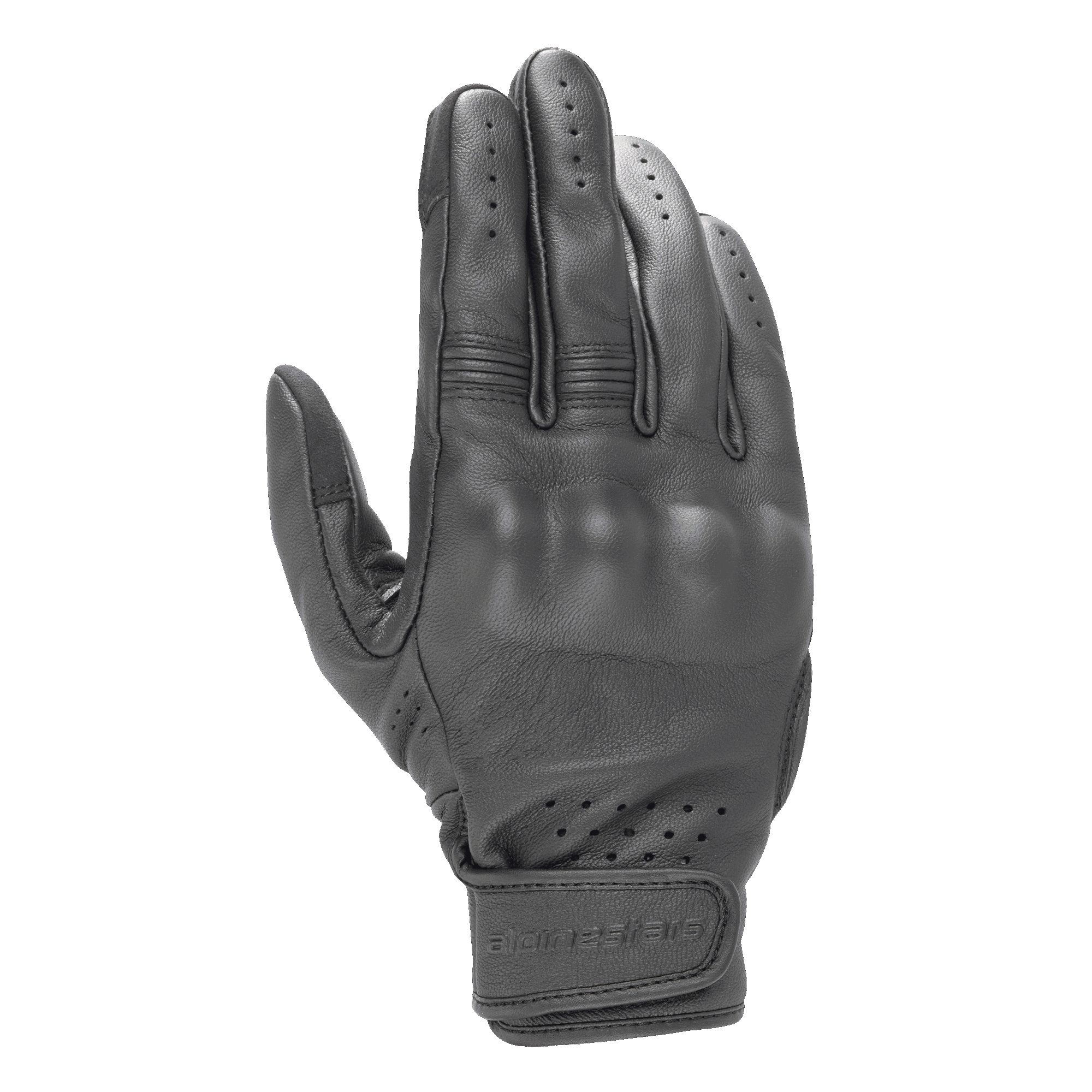 Alpinestars Dyno Leather Gloves, guantes de moto de cuero negro, confección en piel de cabra con protección de nudillos cubierta, ventilación perforada en dedos y muñeca, cierre de correa de velcro, diseño urbano minimalista