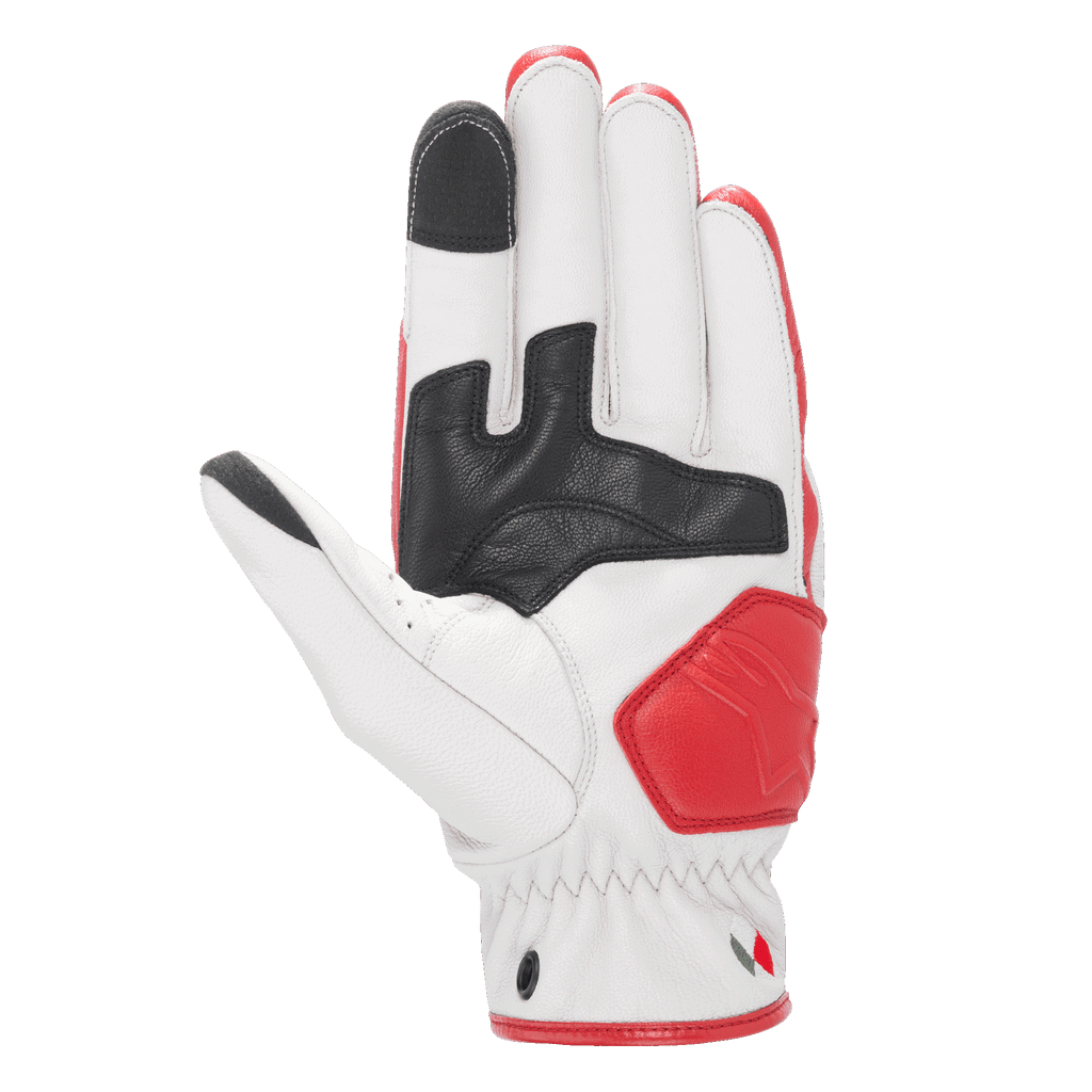 Guantes de cuero Alpinestars Dyno, guantes de cuero para moto, color crudo y rojo rubí, vista de la palma con refuerzos de cuero negro, zona de aterrizaje acolchada roja, puntas de los dedos índice y pulgar compatibles con pantallas táctiles, confección duradera en cuero de cabra para conducción urbana.