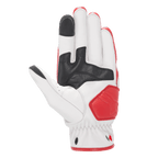 Guantes de cuero Alpinestars Dyno, guantes de cuero para moto, color crudo y rojo rubí, vista de la palma con refuerzos de cuero negro, zona de aterrizaje acolchada roja, puntas de los dedos índice y pulgar compatibles con pantallas táctiles, confección duradera en cuero de cabra para conducción urbana.