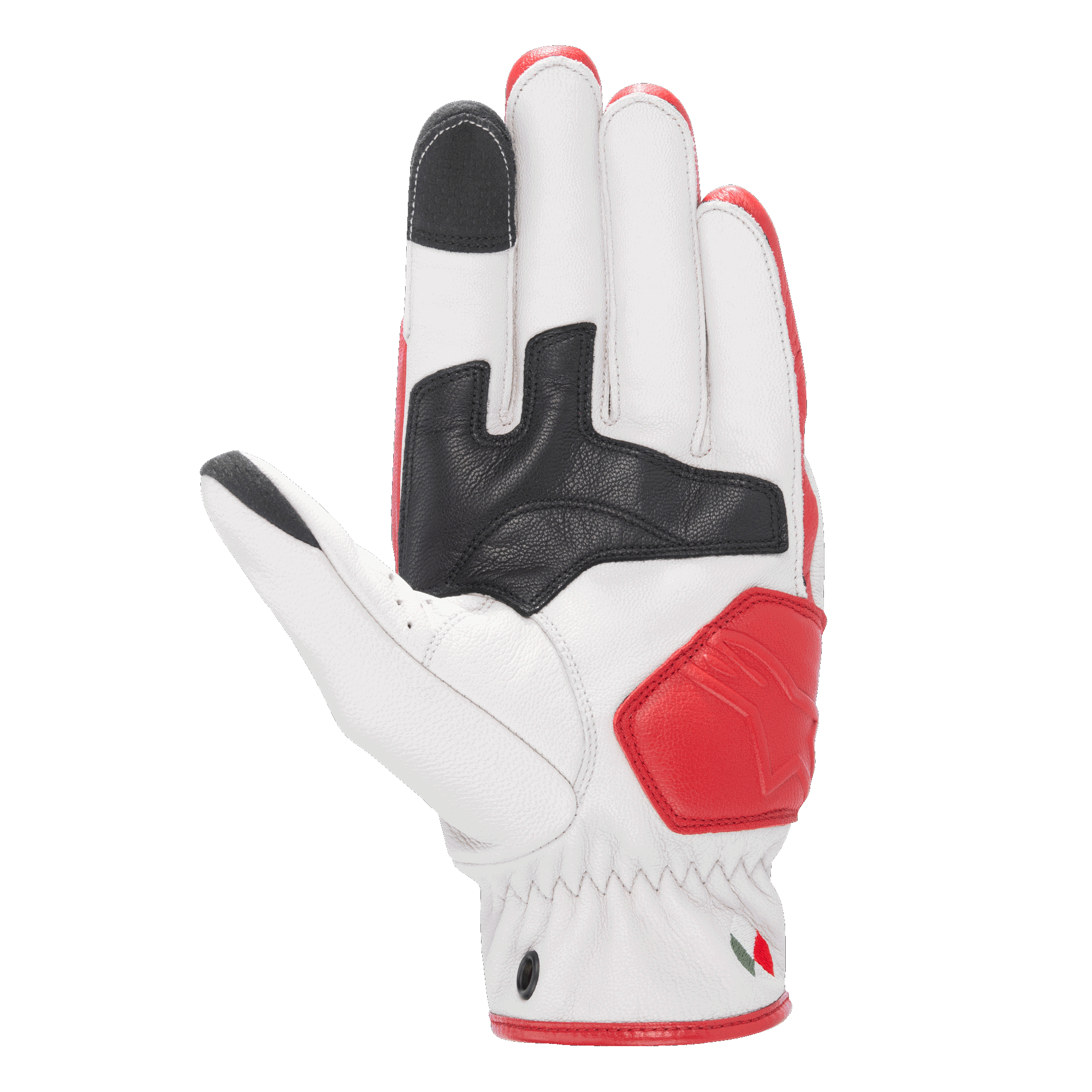 Guantes de cuero Alpinestars Dyno, guantes de cuero para moto, color crudo y rojo rubí, vista de la palma con refuerzos de cuero negro, zona de aterrizaje acolchada roja, puntas de los dedos índice y pulgar compatibles con pantallas táctiles, confección duradera en cuero de cabra para conducción urbana.