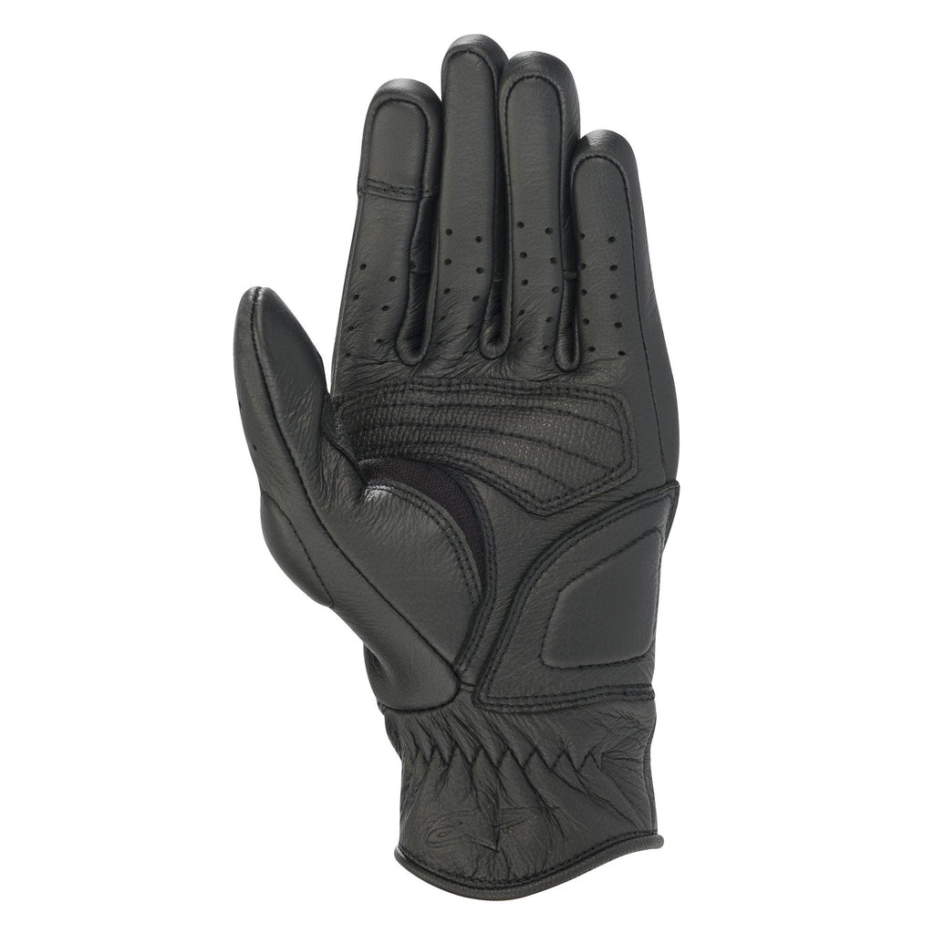 Guantes Alpinestars Stella Vika V2 para mujer, guantes de moto de cuero negro, vista de la palma que muestra el acolchado reforzado, dedos perforados para ventilación y diseño de puño corto
