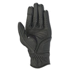 Guantes Alpinestars Stella Vika V2 para mujer, guantes de moto de cuero negro, vista de la palma que muestra el acolchado reforzado, dedos perforados para ventilación y diseño de puño corto
