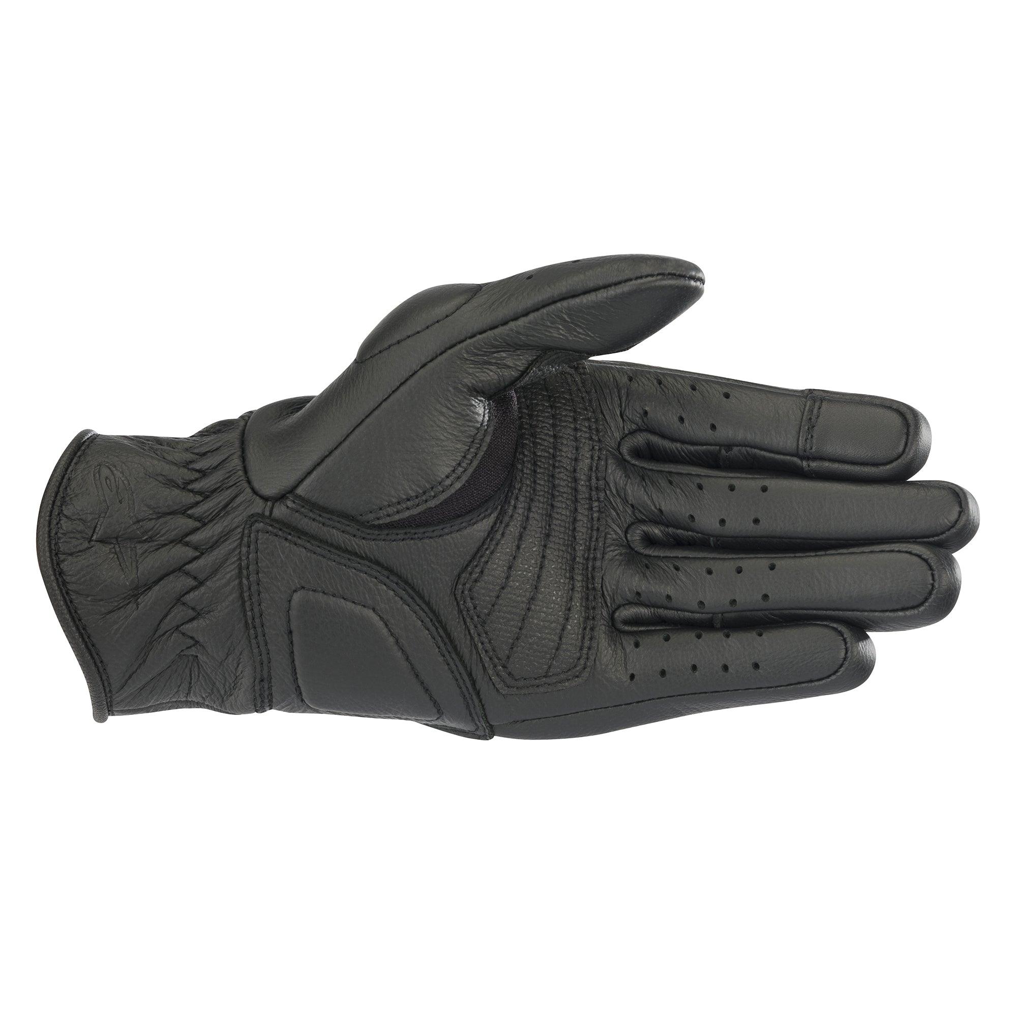 Guantes Alpinestars Stella Vika V2 para mujer, guantes de moto de cuero negro, vista de la palma que muestra el acolchado reforzado, dedos perforados para ventilación y diseño de puño corto
