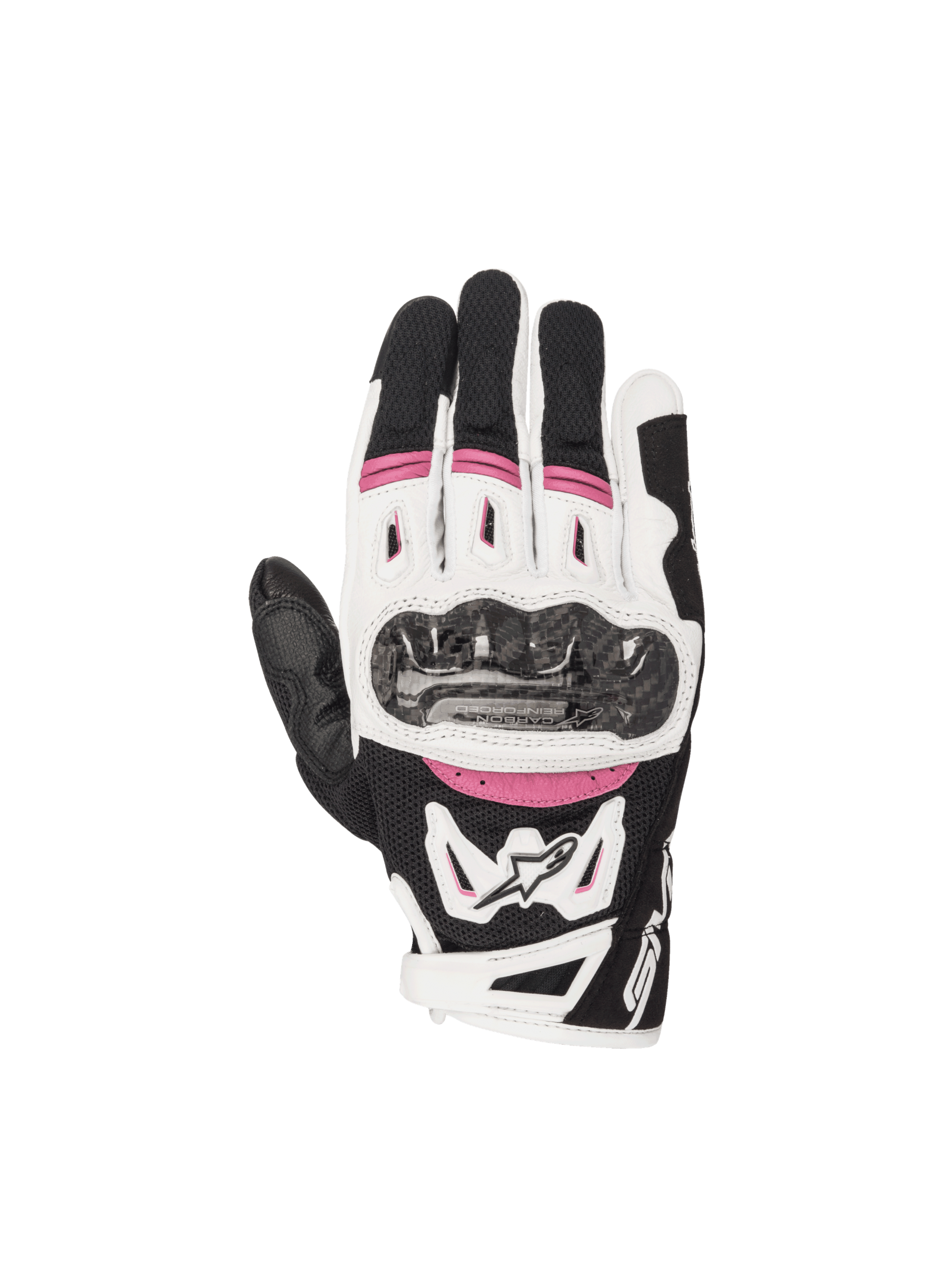 Alpinestars Stella SMX-2 Air Carbon V2 Women's Motorcycle Gloves, black/white/fuchsia, featuring carbon knuckle protection.