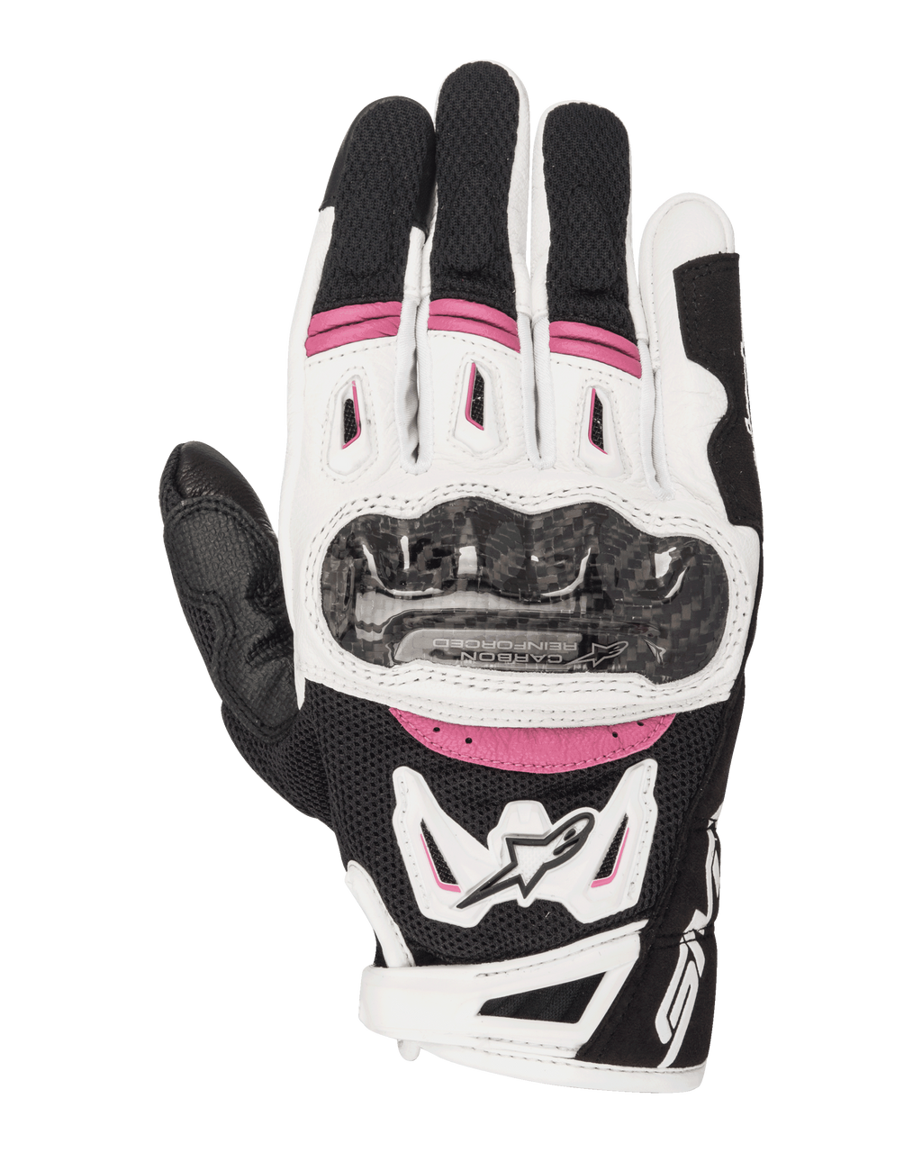Alpinestars Stella SMX-2 Air Carbon V2, guantes de moto de carreras para mujer, en negro, blanco y fucsia, con protección de nudillos en fibra de carbono, ventilación de malla 3D y logo Alpinestars, diseño deportivo de puño corto