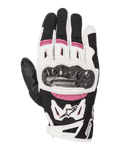Alpinestars Stella SMX-2 Air Carbon V2, guantes de moto de carreras para mujer, en negro, blanco y fucsia, con protección de nudillos en fibra de carbono, ventilación de malla 3D y logo Alpinestars, diseño deportivo de puño corto
