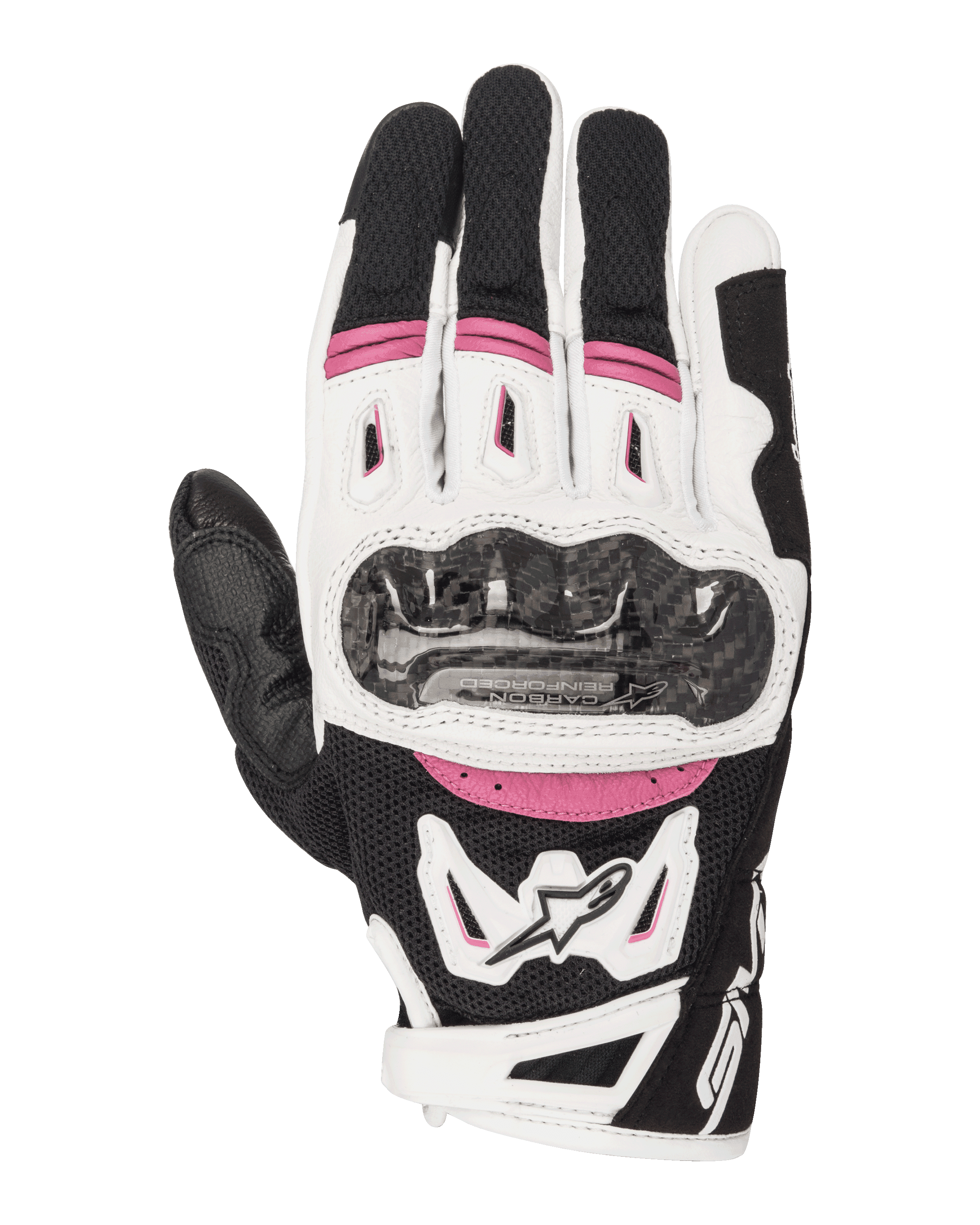 Alpinestars Stella SMX-2 Air Carbon V2, guantes de moto de carreras para mujer, en negro, blanco y fucsia, con protección de nudillos en fibra de carbono, ventilación de malla 3D y logo Alpinestars, diseño deportivo de puño corto