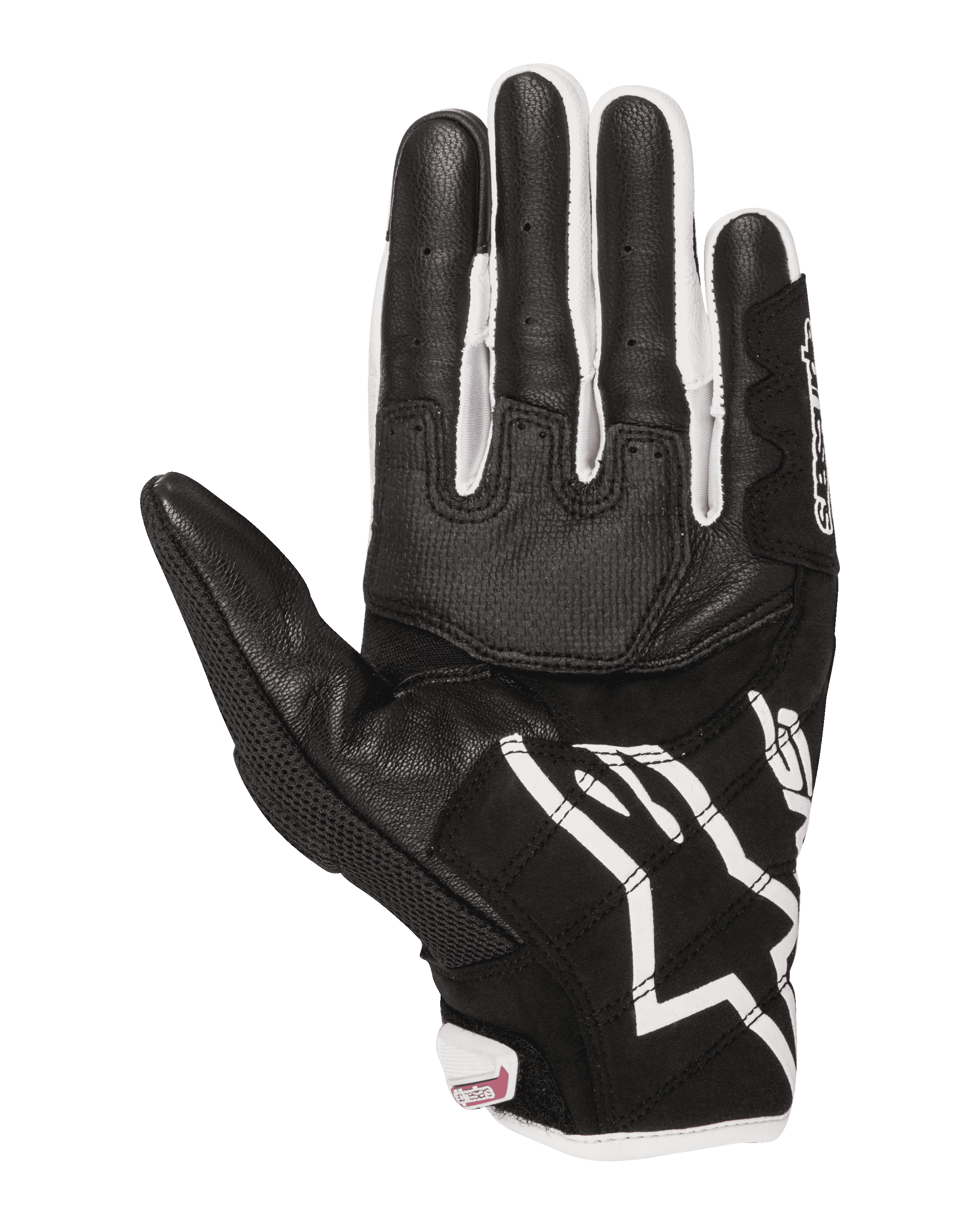 Guantes Alpinestars Stella SMX-2 Air Carbon V2 para mujer, guantes de moto, vista de la palma, negro y blanco con detalles fucsia, confección en piel y malla con palma reforzada y puntas de los dedos compatibles con pantallas táctiles