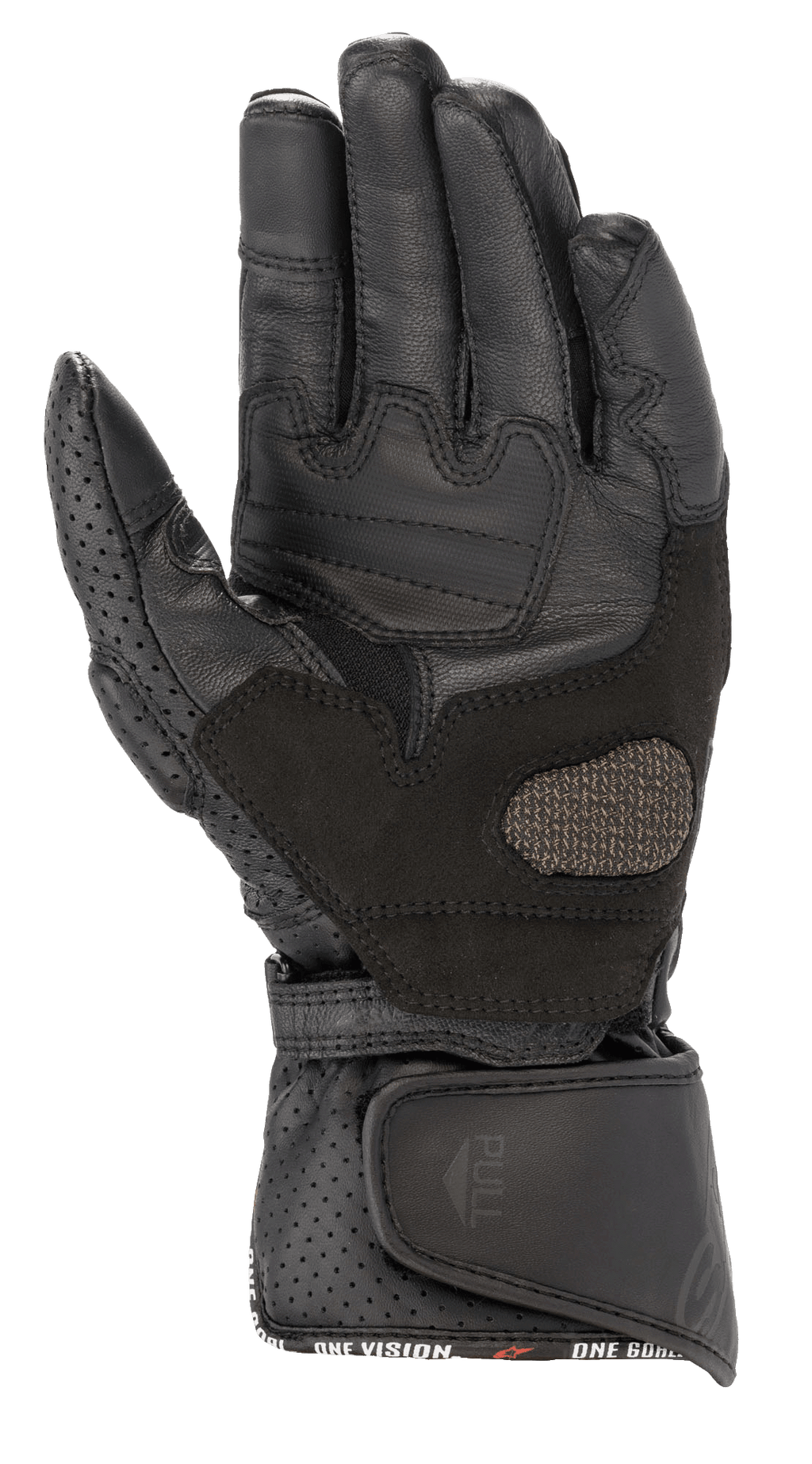 Alpinestars Stella SP-8 V3 para mujer, guantes de moto, color negro, vista de la palma con paneles de cuero reforzado y detalles perforados, cierre de muñeca ancho ajustable con lengüeta de tiro, equipo de protección de alto rendimiento para mujer