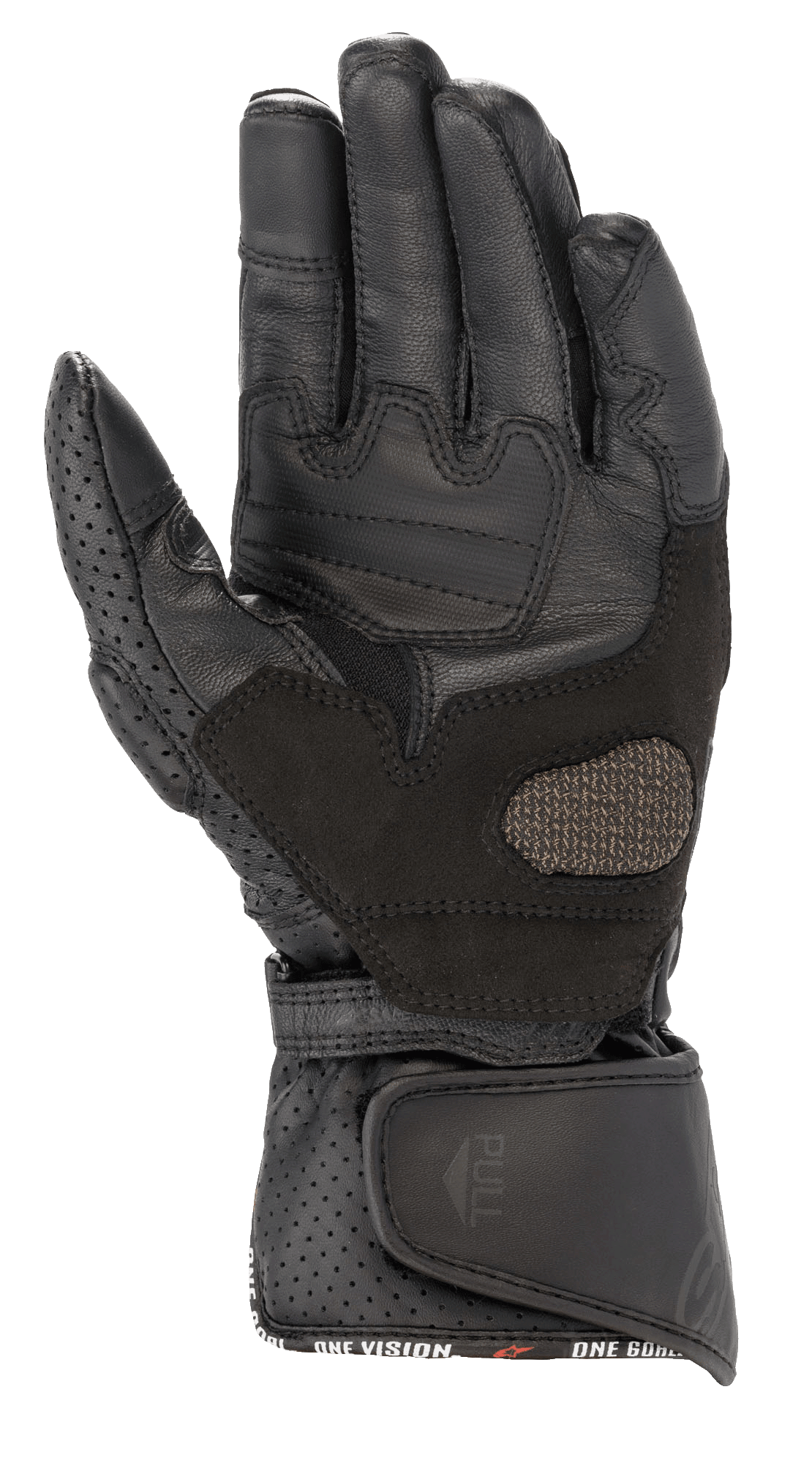 Alpinestars Stella SP-8 V3 para mujer, guantes de moto, color negro, vista de la palma con paneles de cuero reforzado y detalles perforados, cierre de muñeca ancho ajustable con lengüeta de tiro, equipo de protección de alto rendimiento para mujer