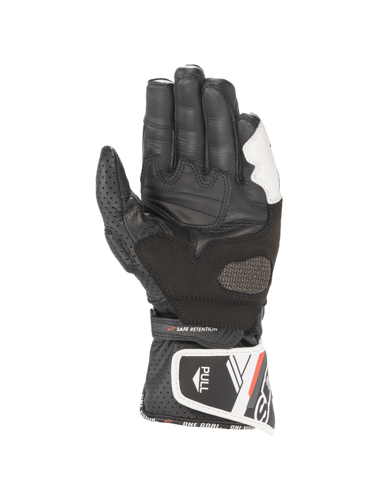 Alpinestars Stella SP-8 V3, guantes de moto para mujer, negros y blancos, palma reforzada con agarre de microfibra, construcción de cuero premium y cierre de velcro en el puño.