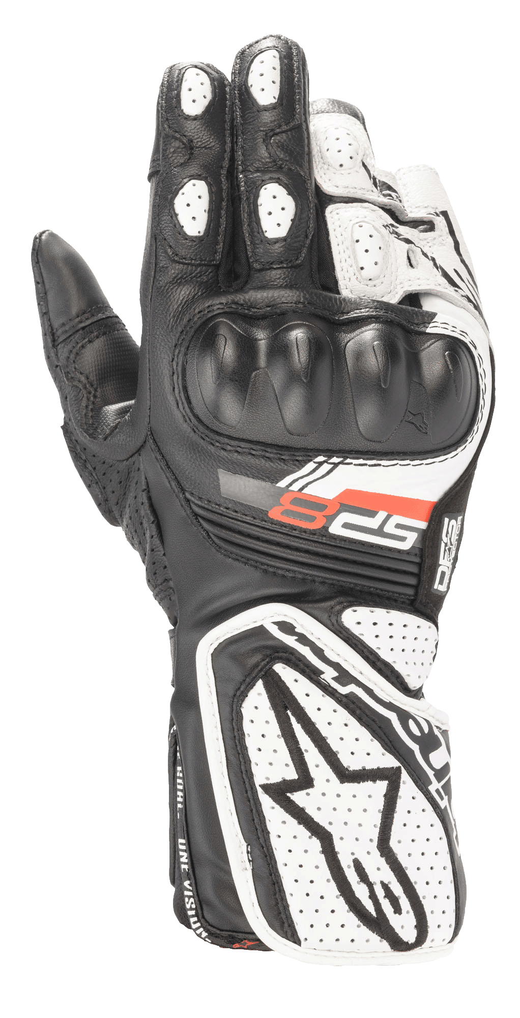Alpinestars Women Stella SP-8 V3 Gloves, Motorcycle Racing Gloves, Black and White, featuring molded hard knuckle protection, perforated leather panels for breathability, extended gauntlet cuff with large star logo, and red SP-8 graphic
