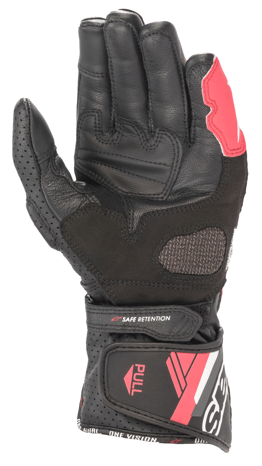 Guantes de cuero Alpinestars Stella SP-8 V3 para mujer, negro, blanco y rosa diva, vista de la palma que muestra la construcción de cuero, zonas de agarre reforzadas, paneles perforados y cierre de puño ajustable.