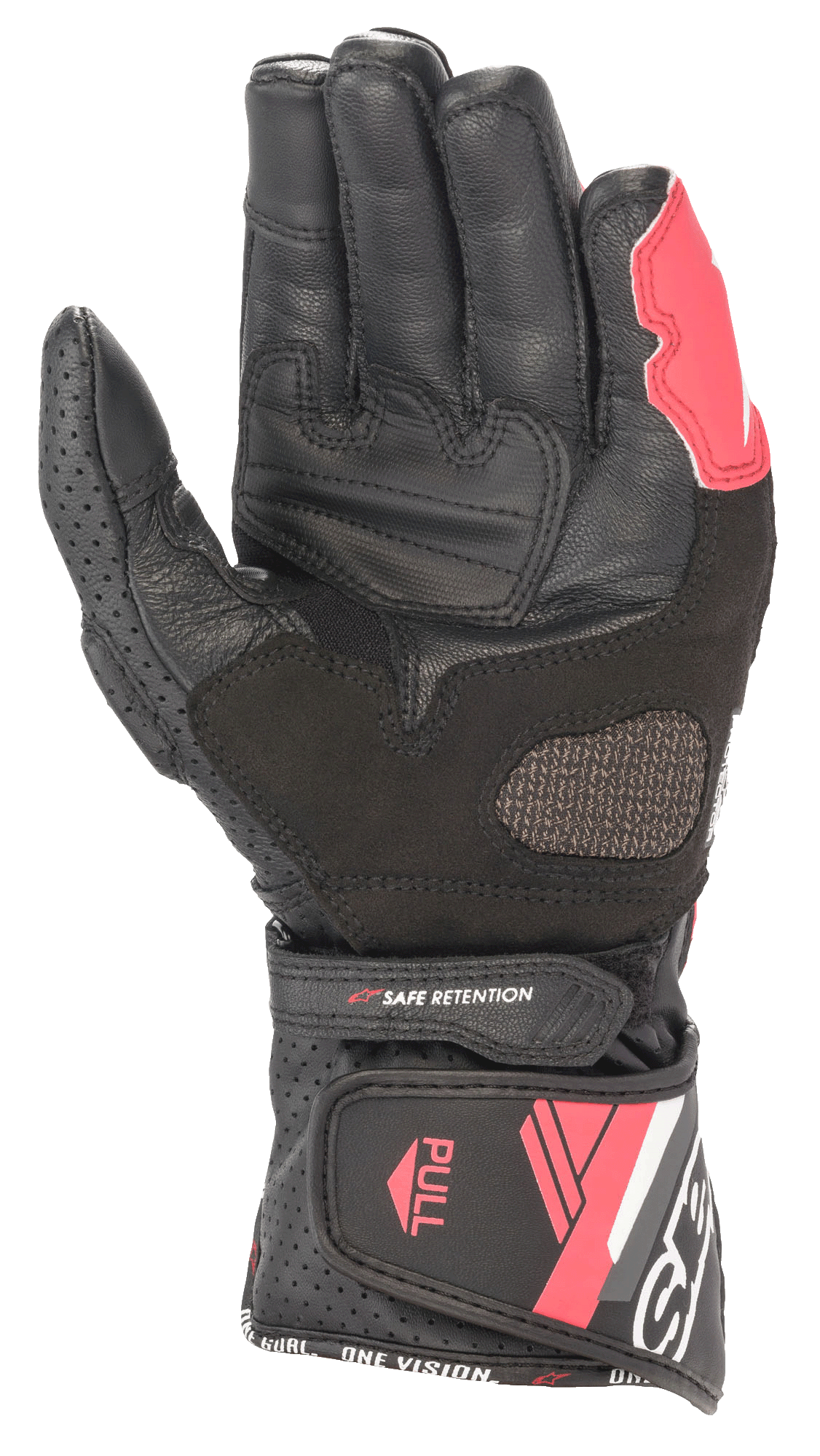 Guantes de cuero Alpinestars Stella SP-8 V3 para mujer, negro, blanco y rosa diva, vista de la palma que muestra la construcción de cuero, zonas de agarre reforzadas, paneles perforados y cierre de puño ajustable.