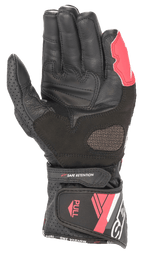 Guantes de cuero Alpinestars Stella SP-8 V3 para mujer, negro, blanco y rosa diva, vista de la palma que muestra la construcción de cuero, zonas de agarre reforzadas, paneles perforados y cierre de puño ajustable.